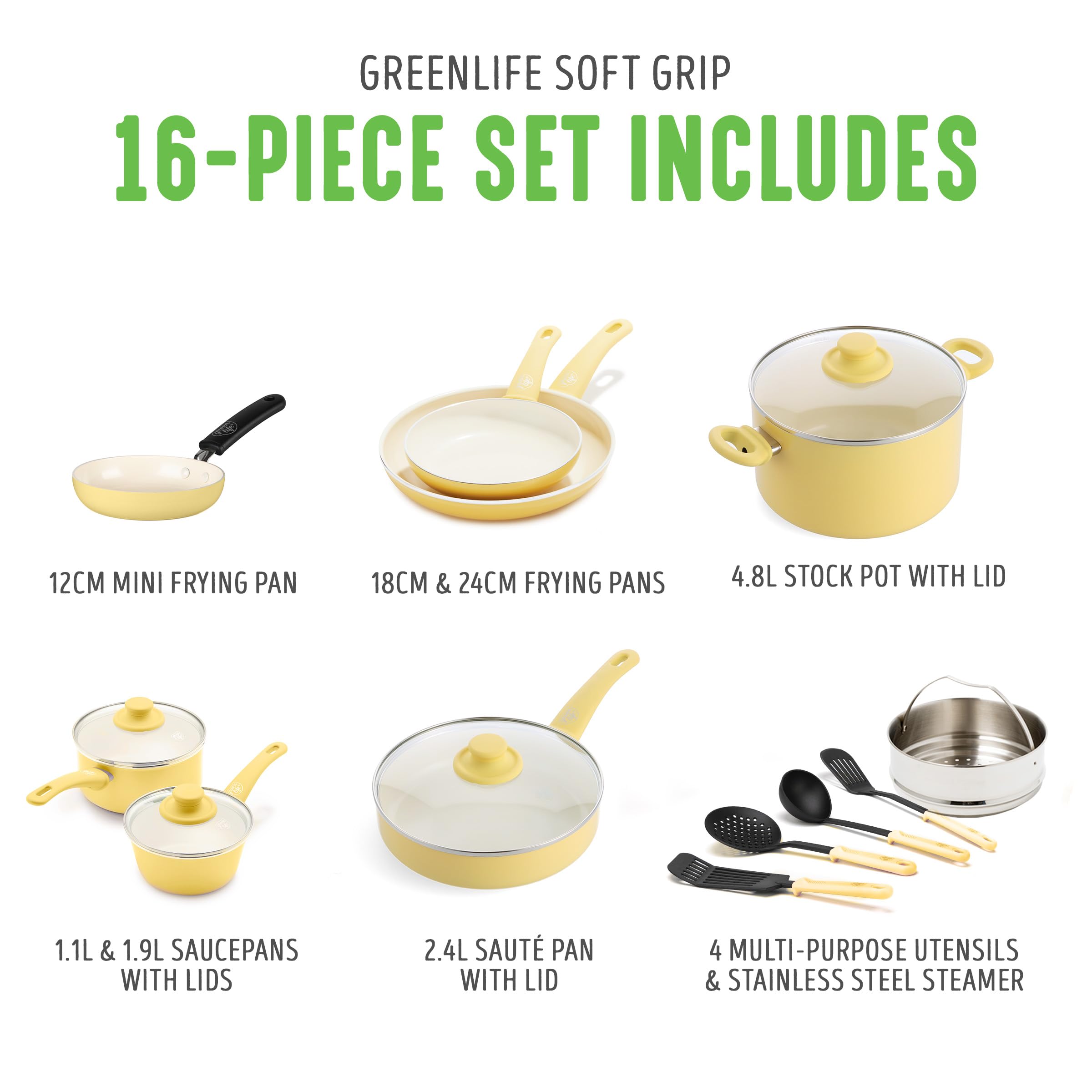 GreenLife Soft Grip 16-Piece Non-Toxic Cookware Set | PFAS-Free Ceramic Nonstick Pots & Pans | Frying Pan, Saucepan, Saute Pan with Glass Lids | Stay-Cool Handles, Wobble-Free Base | Dishwasher & Oven Safe | Perfect for Healthy Cooking & Family Meals | Vibrant Yellow
