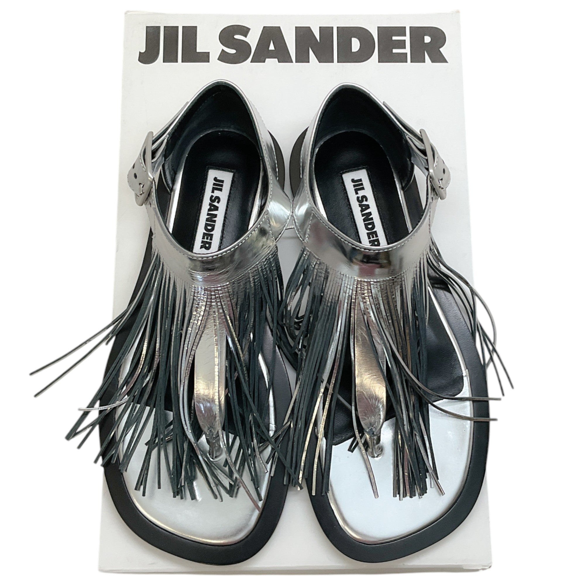 Jil Sander Women's Silver Leather Fringed Sandals - Stylish Summer Slide Sandals for Beach, Vacation & Casual Outings
