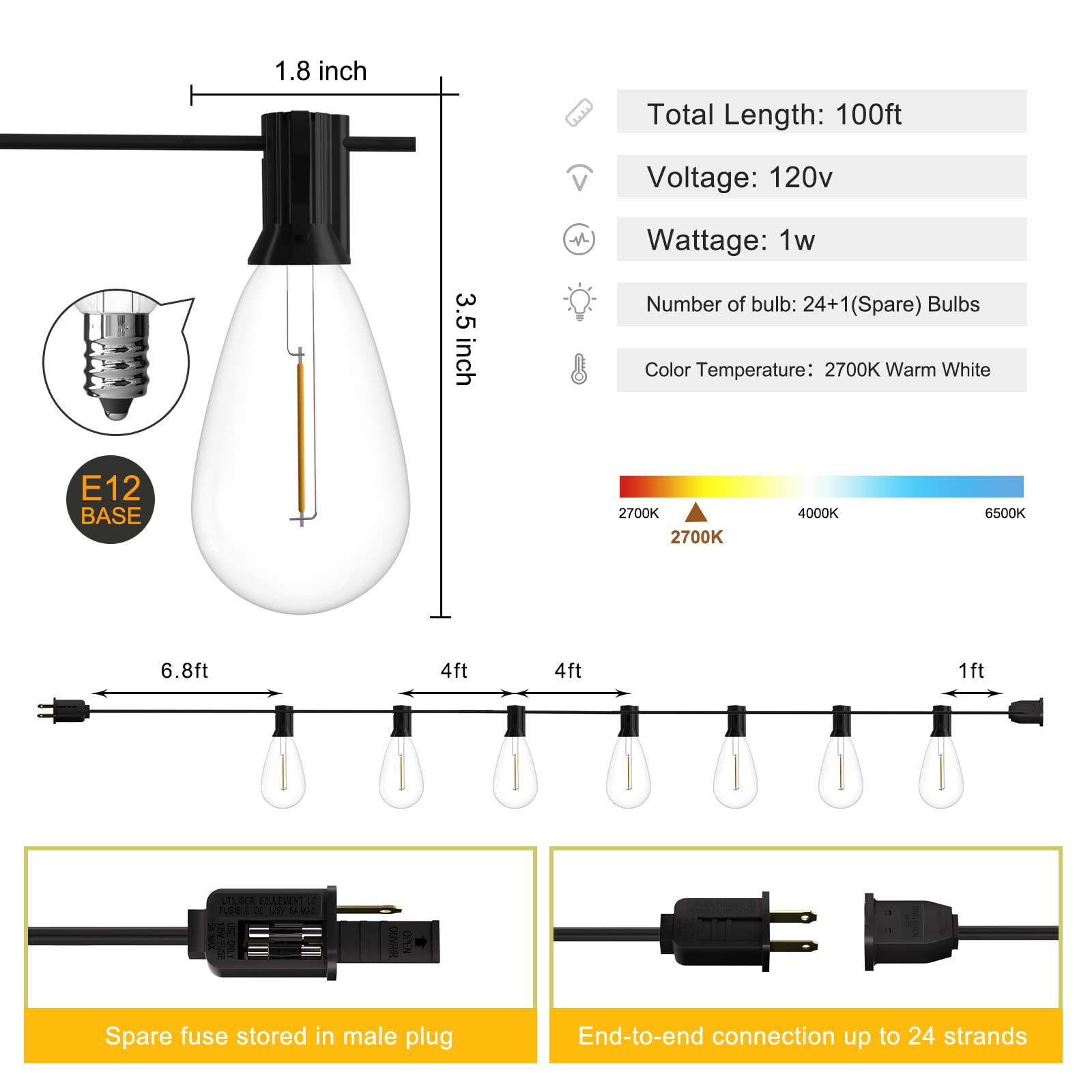 100FT LED Outdoor String Lights with 30 Shatterproof Edison Bulbs - Weatherproof Connectable Hanging Lights for Backyard, Garden, Patio, Cafe & Wedding Decor (Warm White) | Durable E12 S14 Sockets for Year-Round Use