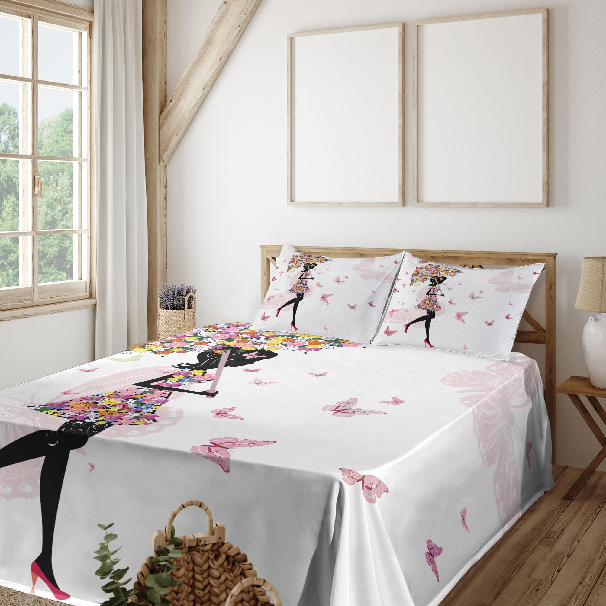 Ambesonne Floral Umbrella & Butterfly Bedding Set - 4 Piece King Size Sheets with Pillowcases, Black & Pink Inspirational Art Design - Perfect for Girls' Rooms, Teen Bedrooms & Boho Chic Decor