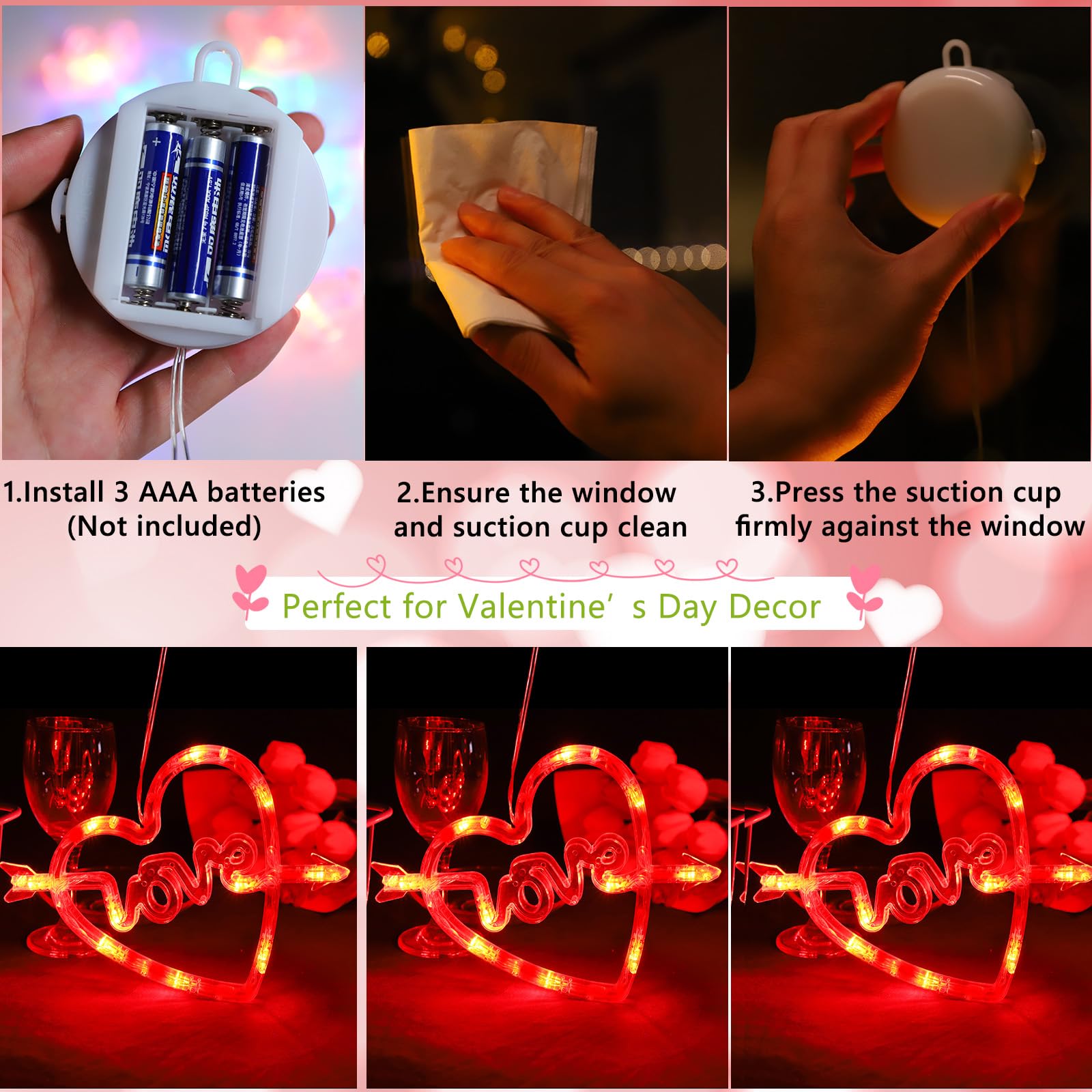 MUYUN Valentine's Day Window Lights Decorations - 3PCS Heart Shaped LED String Lights with Suction Cups, Timer & Battery Power for Home, Wedding, Anniversary - Romantic Indoor/Outdoor Decor for Bedroom, Living Room, Party