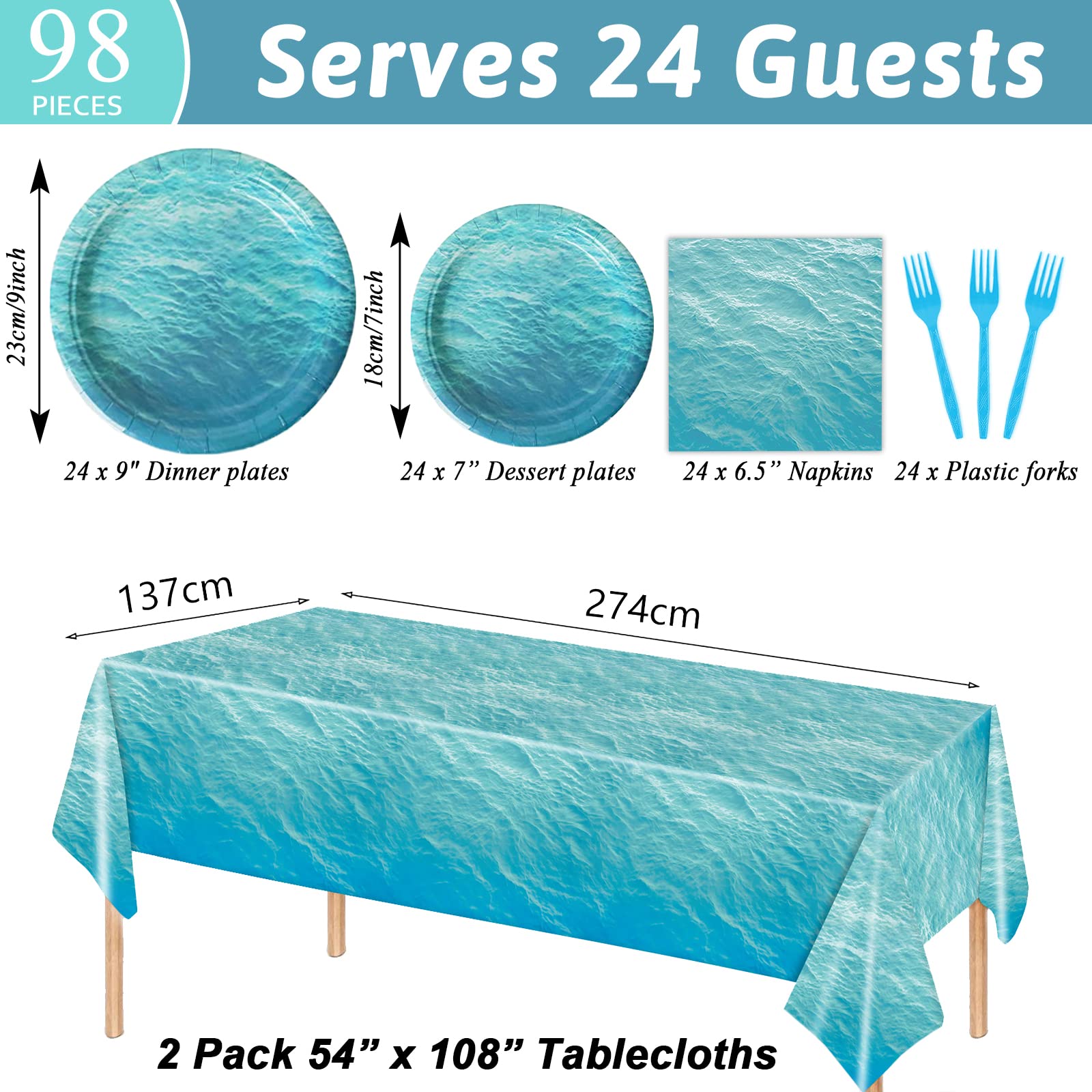 98-Piece Ocean Sea Party Supplies Set - Ocean Waves Party Plates, Tablecloth, Tableware, Paper Forks & Napkins for 24 Guests - Perfect for Beach Themed Parties, Birthday Celebrations & Summer Events