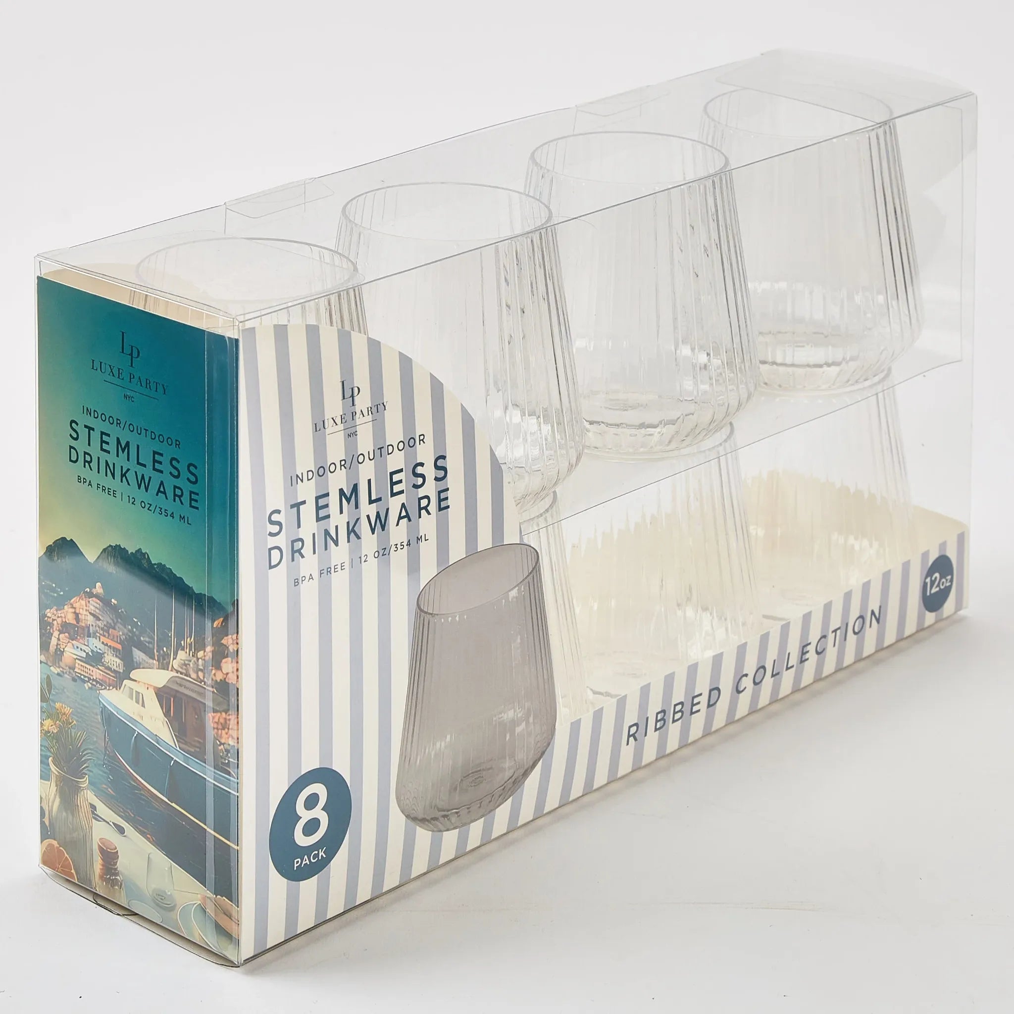 12 oz. Clear Plastic Stemless Ribbed Wine Goblets - 8 Pack Shatterproof Cups for Wedding, Party, and Outdoor Events - BPA-Free Dishwasher Safe Drinkware