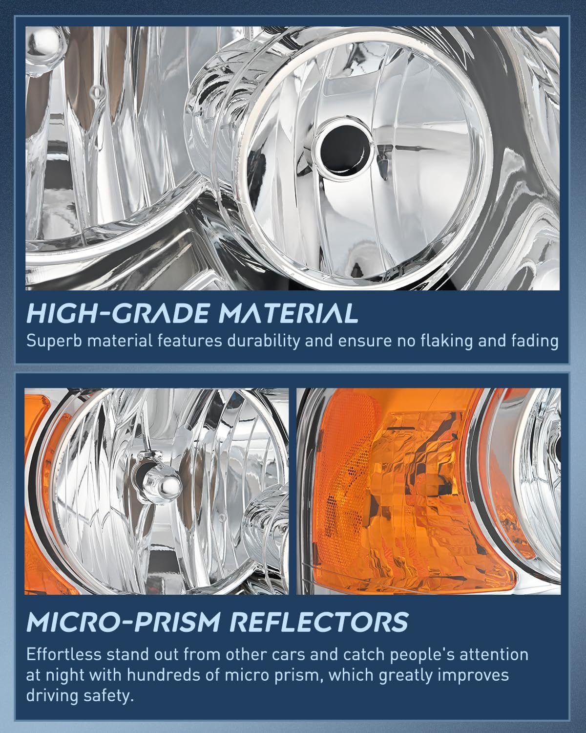 2003-2006 Ford Expedition Headlight Assembly - Chrome Housing, Amber Reflector & Clear Lens Replacement - Compatible with 4x4, Off-Road & Daily Driving