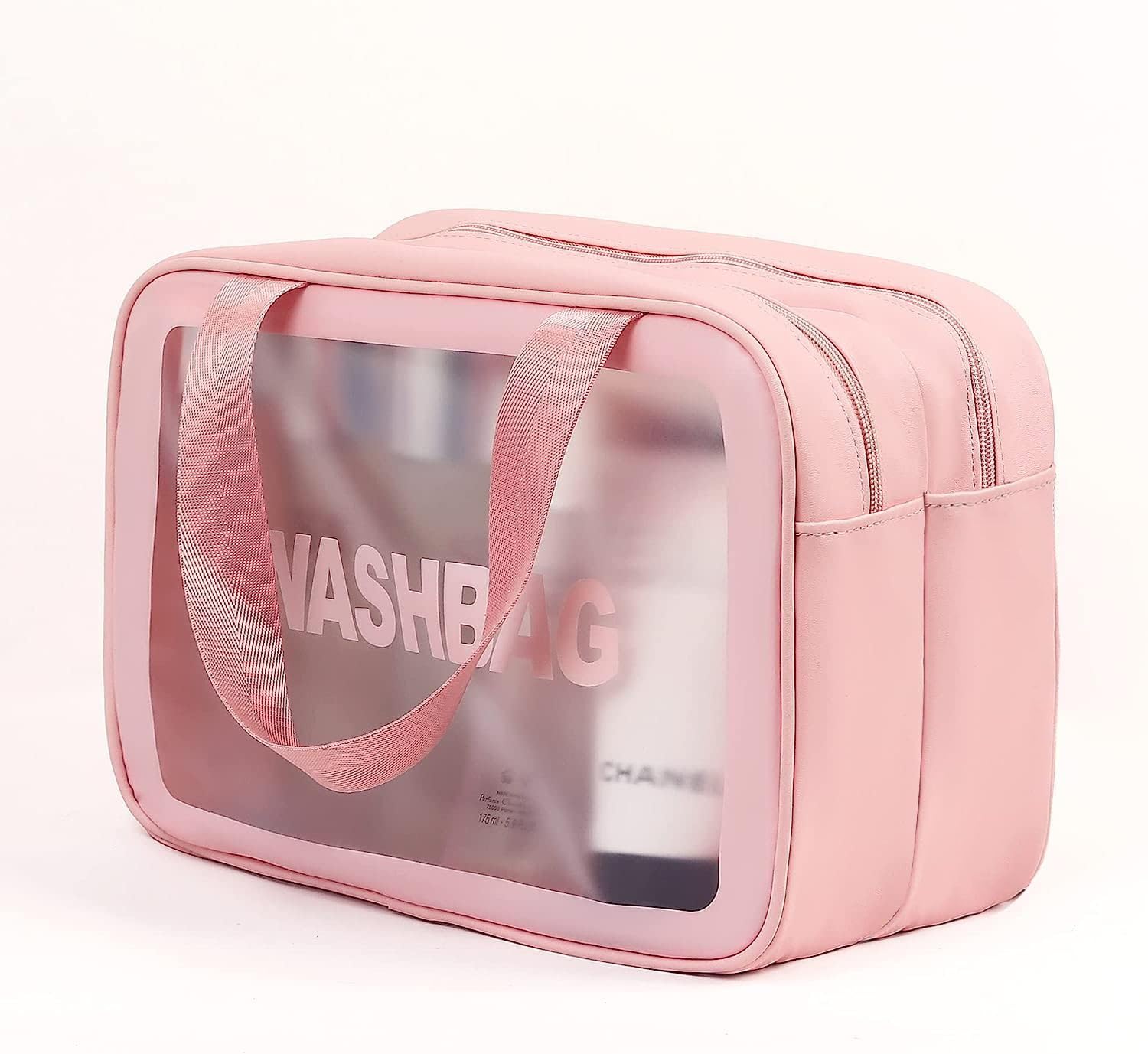 KINDRED Cosmetics Organizer Travel Bag - Clear Waterproof Leather Toiletry Bag with Double Pockets (Pink) | Perfect for Travel, Gym & Daily Makeup Storage