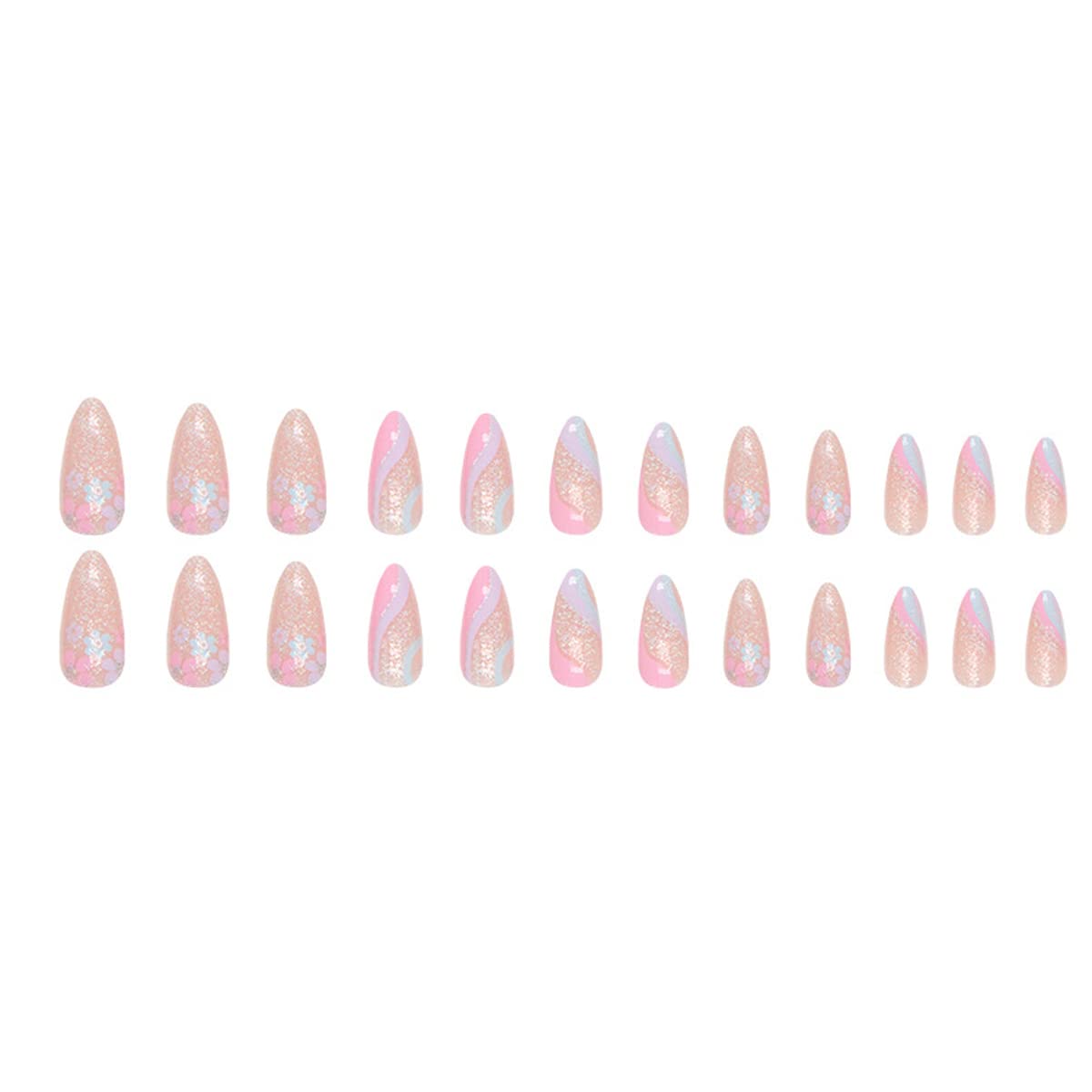 24Pcs Flower Press on Nails - Almond Fake Nails with Wave Lines & Small Floral Shiny Designs - Cute Acrylic Nails with Glitter Tips - Glossy Artificial Glue on Nails for Women & Girls - Perfect for Parties, Weddings, and Everyday Nail Decorations