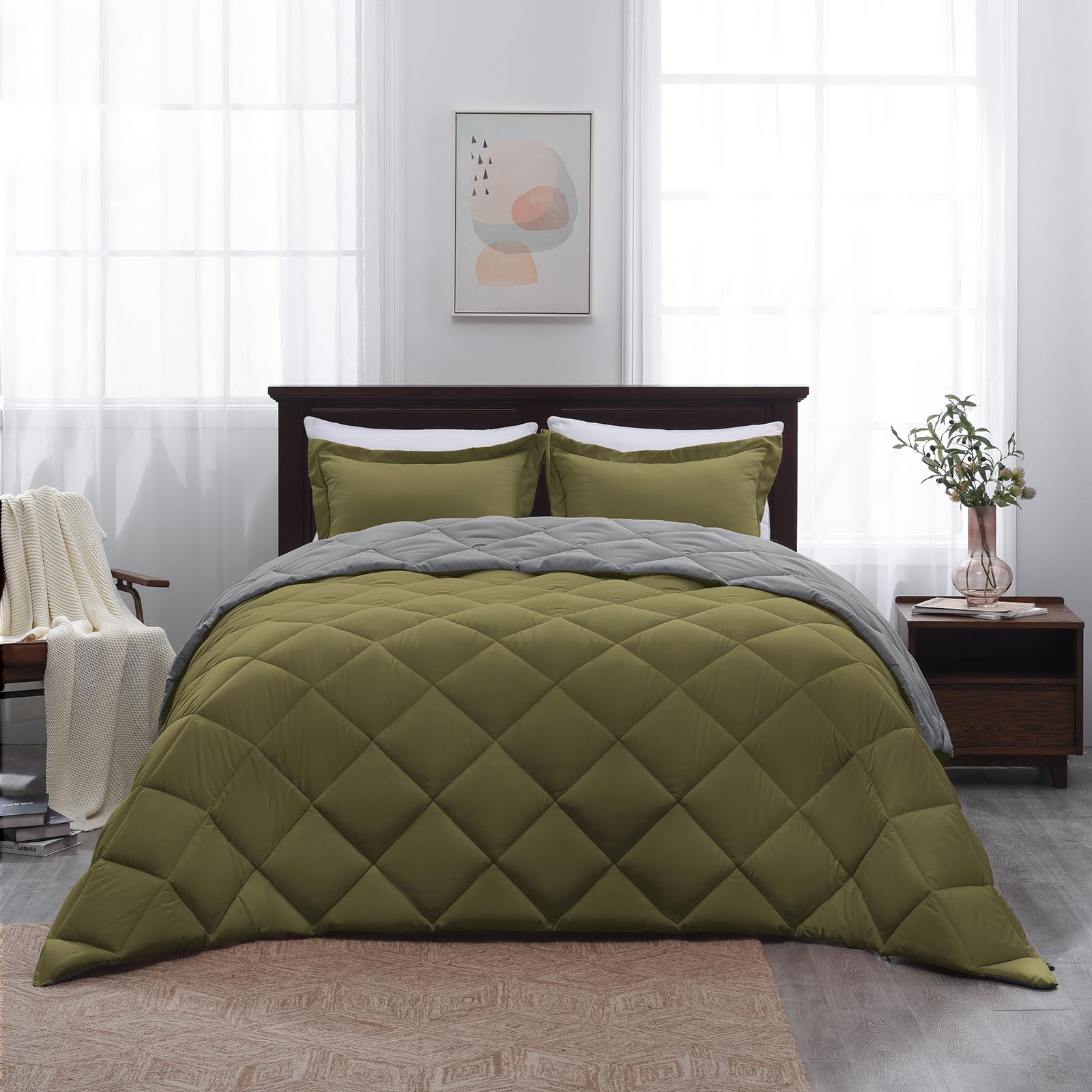 Reversible Queen Comforter Set - Olive Green & Charcoal Gray All-Season Bedding, 88