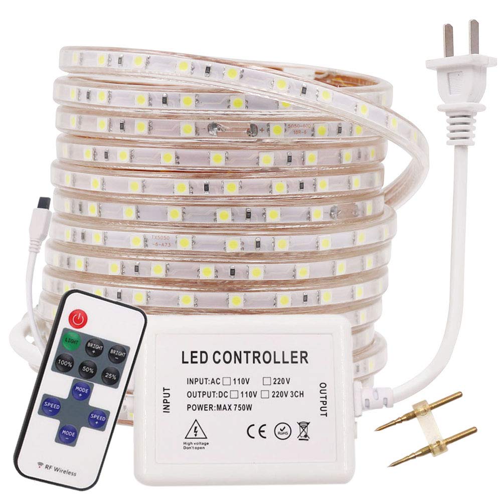 Dimmable LED Strip Lights 33ft - Super Bright 5050 Blue Rope Light with Remote Control, Waterproof 110-130V 60 LEDs/M for Home, Office, Building Decoration - Perfect for Bedroom, Kitchen, Party & Holiday Lighting