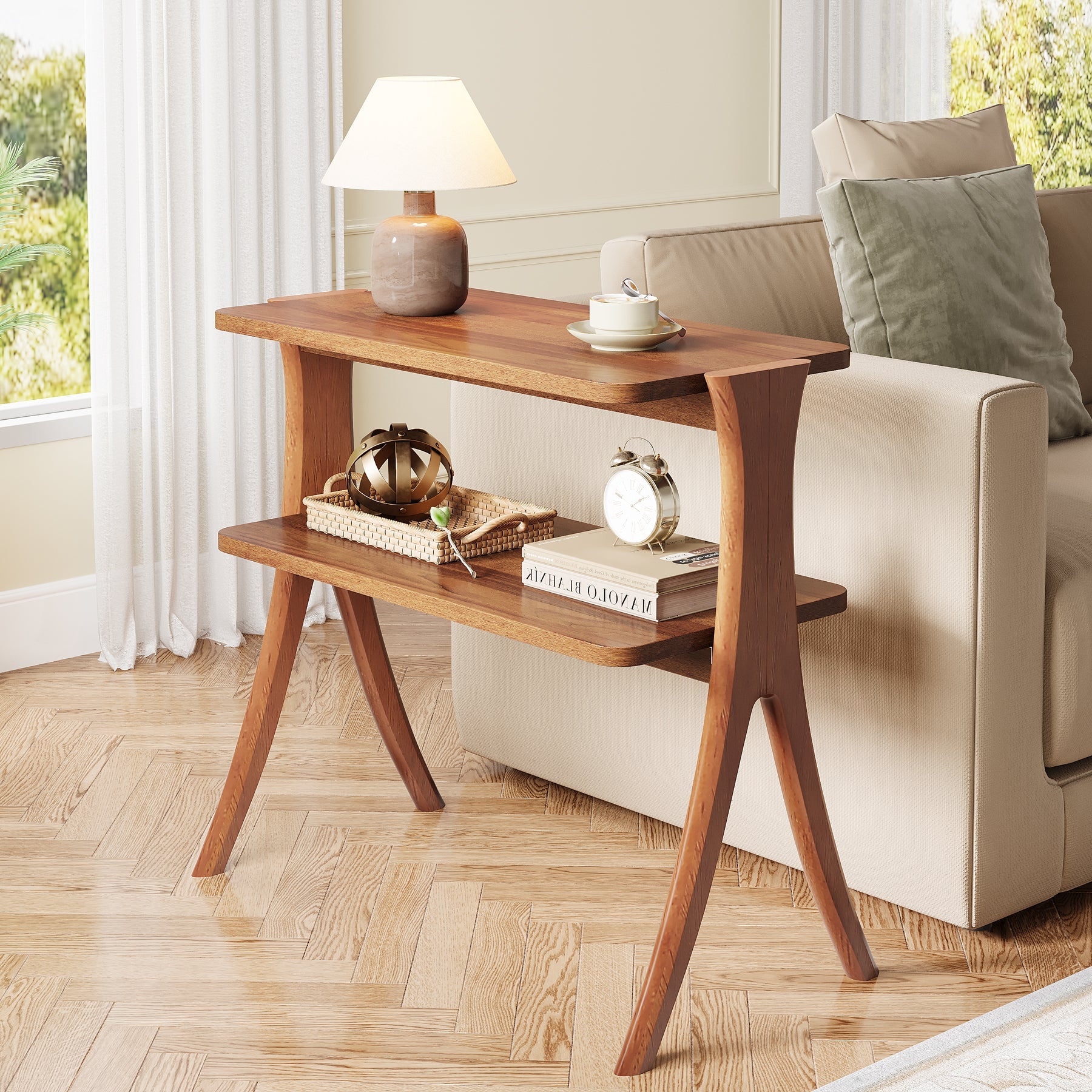 Rustic Wood End Table with 2-Tier Storage Shelf - Farmhouse Style Nightstand for Bedroom, Living Room & Office - Perfect for Small Spaces & Home Decor