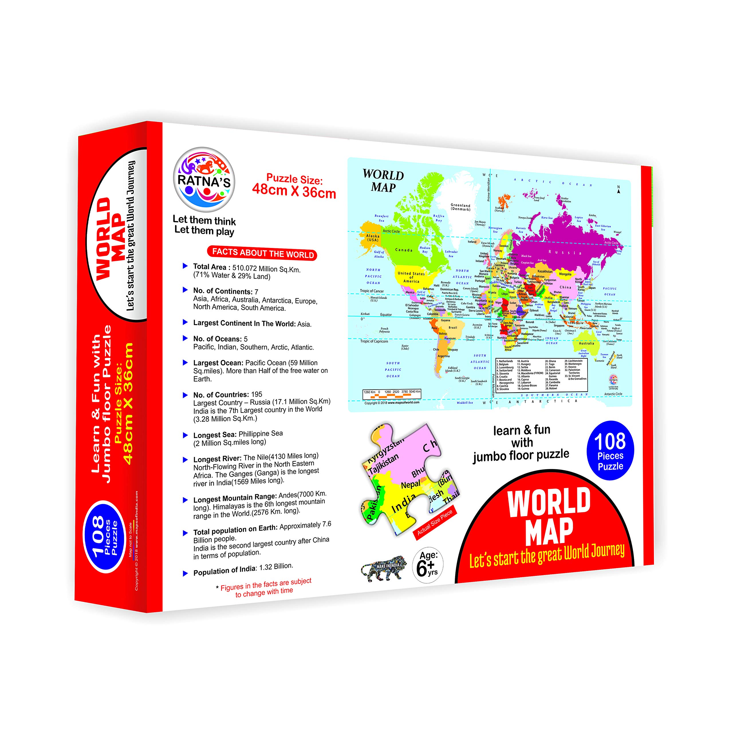 Ratna's Educational World Map Jigsaw Puzzle for Kids - Fun Learning Geography Toy for Classroom & Home Schooling