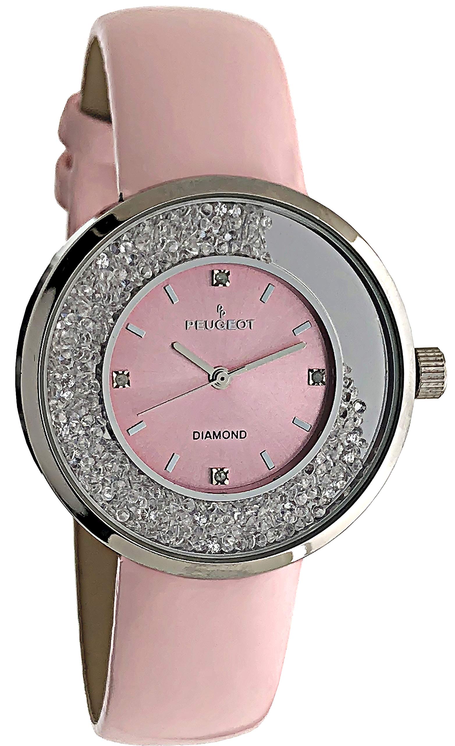 Peugeot Women's Round Dress Watch - Slim Thin Case with Floating Genuine Diamond CZ & Leather Strap | Elegant Timepiece for Office, Party & Special Occasions