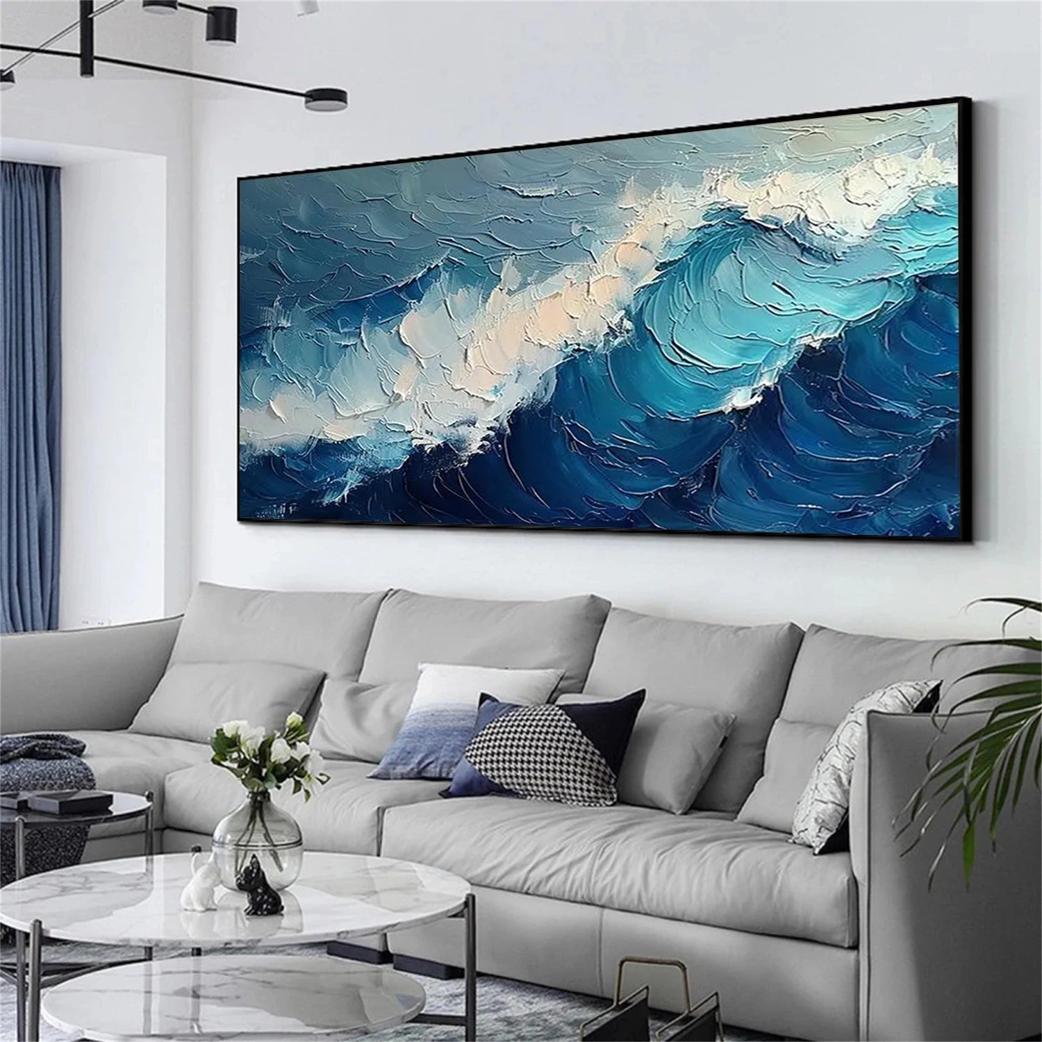 Blue & White Ocean and Sky Abstract Texture Canvas Wall Art - Modern Coastal Decor for Living Room, Bedroom, or Office | Premium Quality Stretched Canvas Print