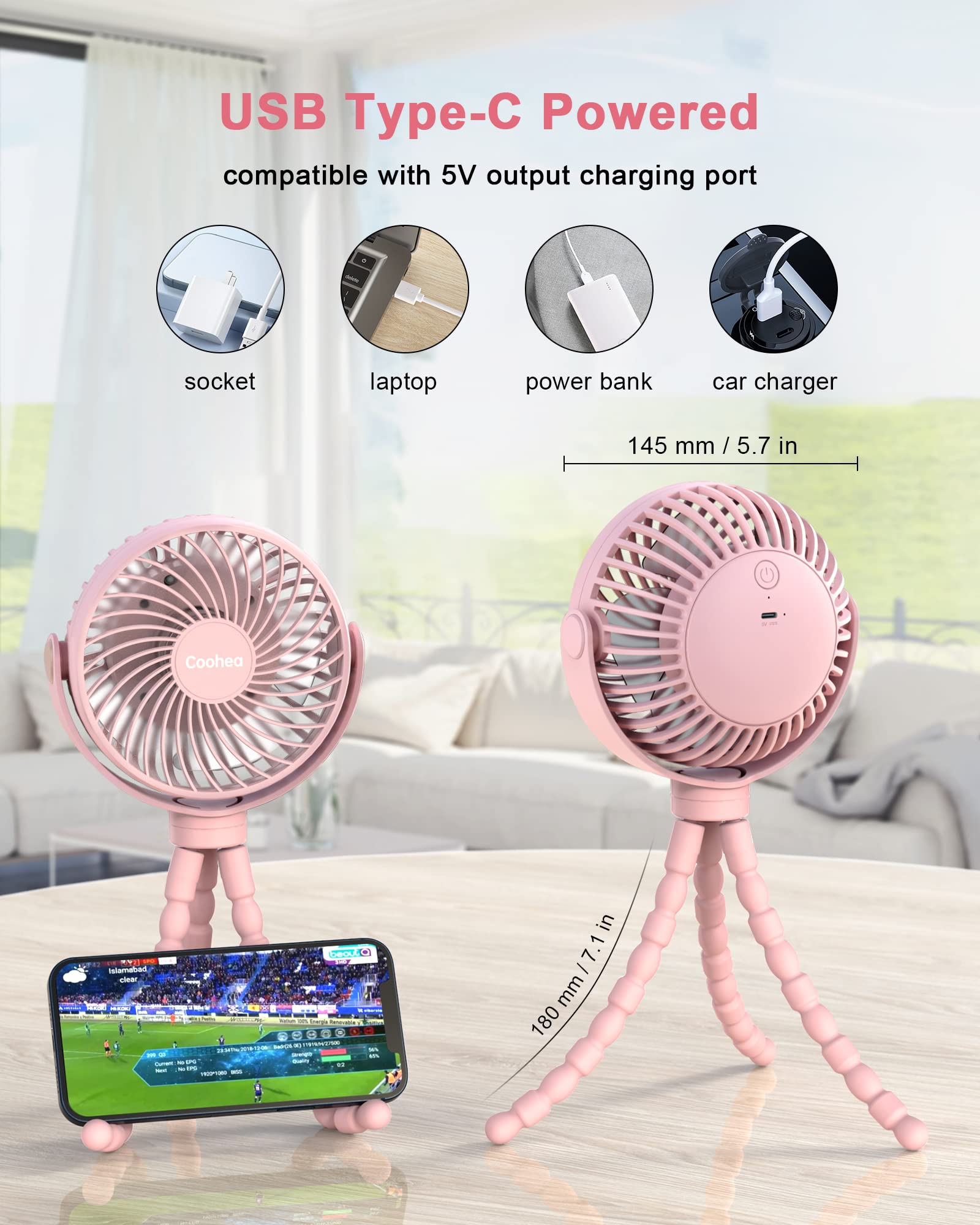 Rechargeable 4000mAh Stroller Fan with Flexible Tripod - 3 Speed Adjustable, 360° Rotating Clip On Baby Fan for Car Seat, Crib & Travel - Portable Cooling Fan for Beach, Camping & Backseat (Pink) - Keep Your Baby Cool During Outdoor Activities & Summer Adventures