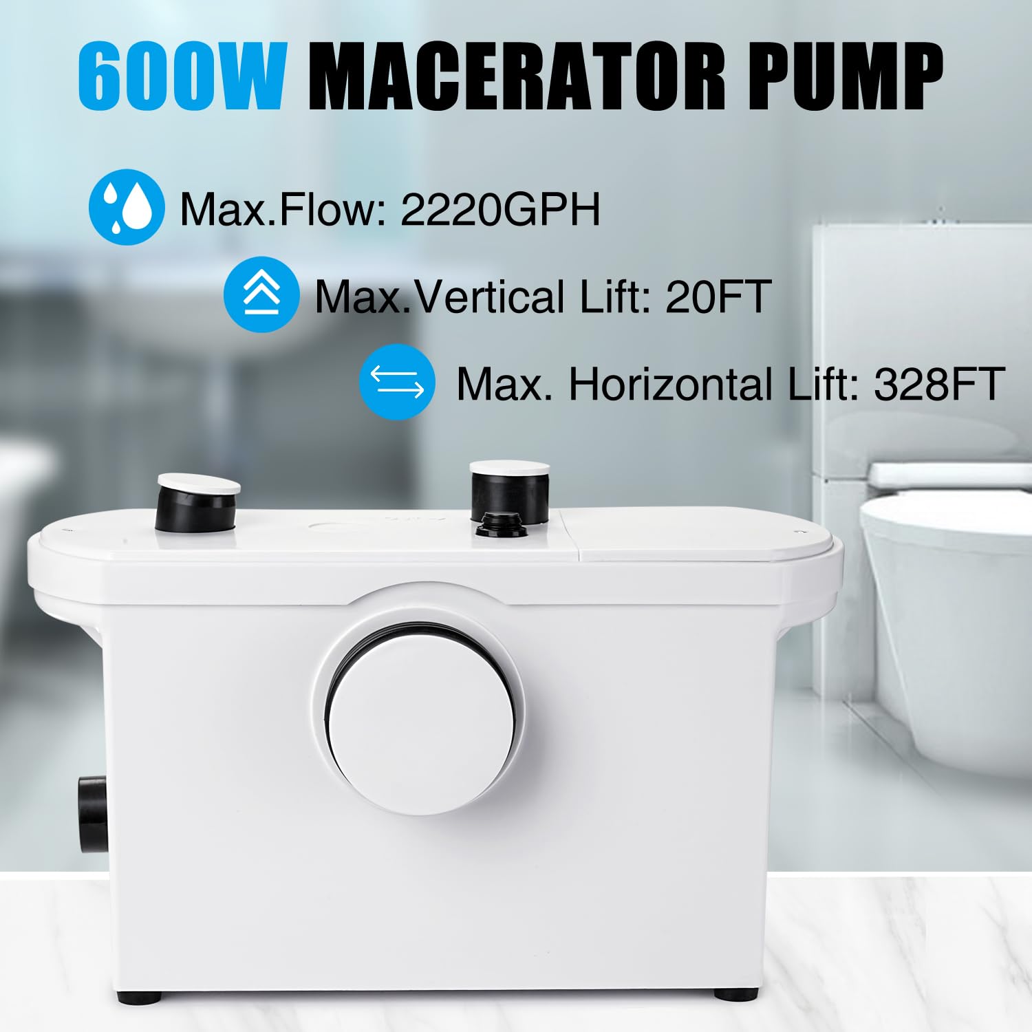 TOPWAY 600W Macerator Sewage Pump with 3 Water Inlets - Upflush Toilet, Sink, Shower & Bathtub Waste Water Disposal System for Basement, Kitchen & RV - Powerful Macerator Sump Pump for Efficient Waste Management