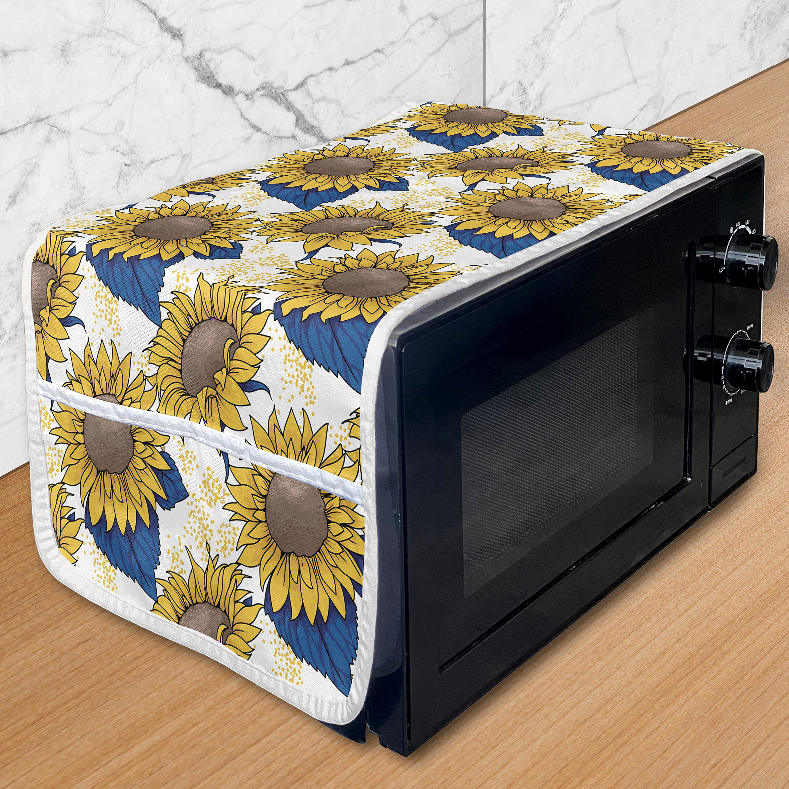 Ambesonne Sunflower Microwave Cover - Waterproof Kitchen Organizer with Pockets, 36x12 Inch Yellow Blue Harvest Themed Design - Perfect for Farmhouse, RV & Small Kitchen Decor