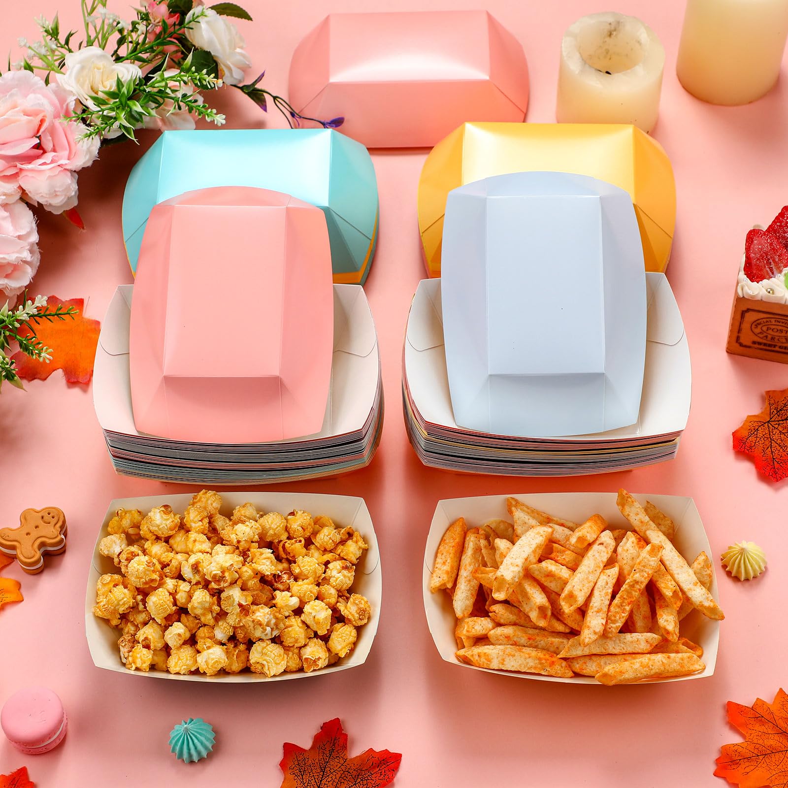 Lallisa 120 Pcs 2Lb Disposable Colorful Paper Food Trays - Grease Resistant Nacho, Hot Dog & Ice Cream Serving Boats - Pastel Party Supplies for BBQ, Picnic, Summer Snacks & French Fries (Ideal for Outdoor Events, Birthday Parties & Food Stands)