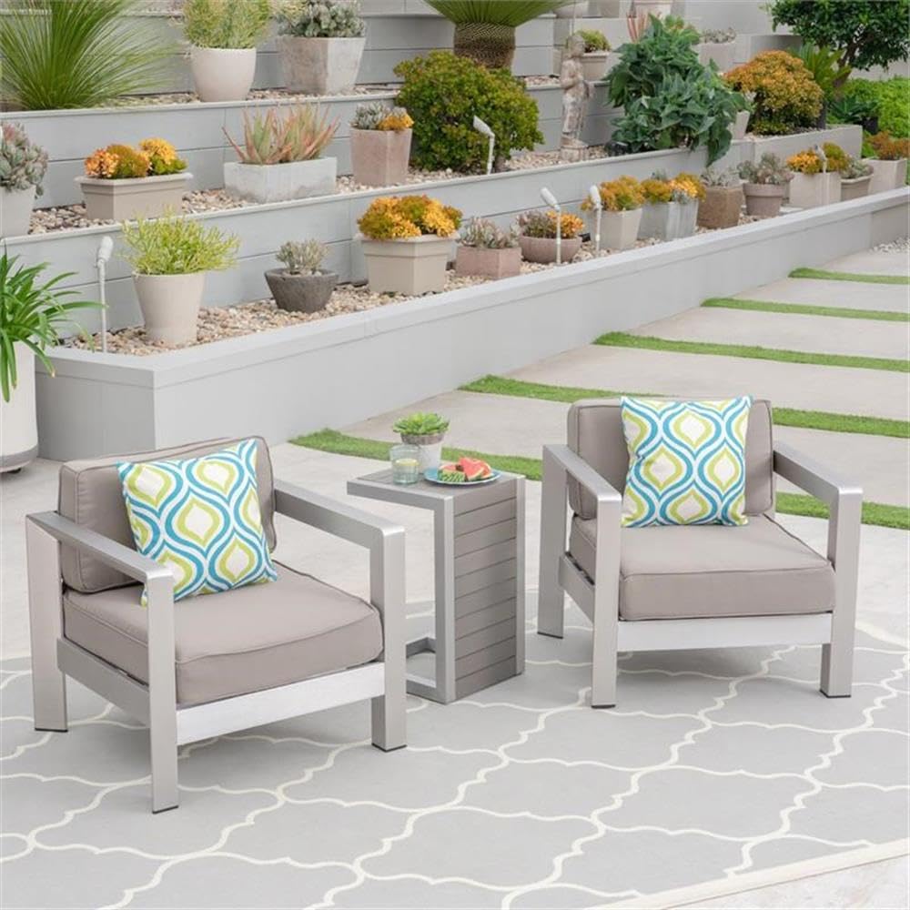 Noble House Aviara Outdoor Aluminum Club Chairs with Side Table in Silver - Patio, Poolside & Garden Lounge Furniture for Relaxing