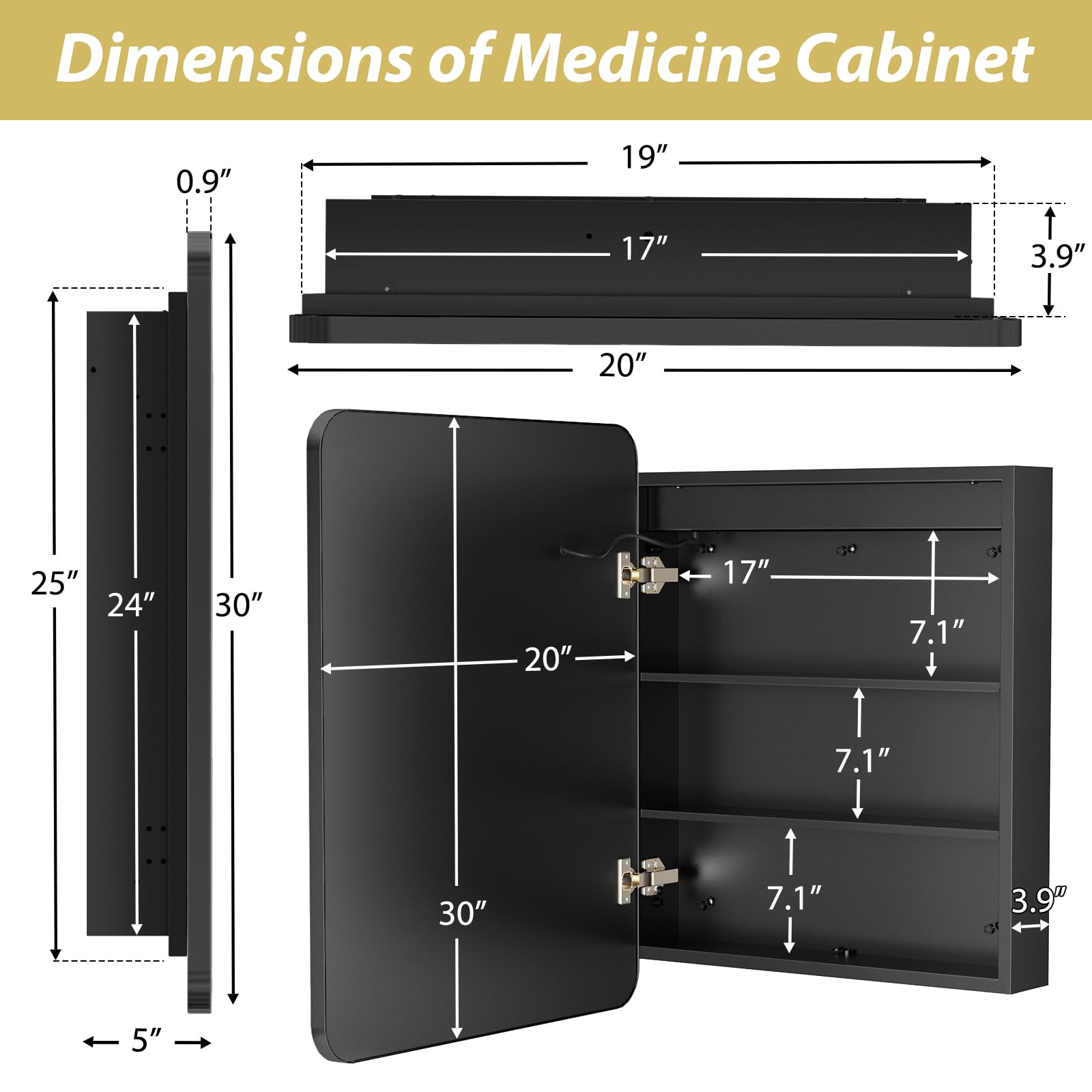 APRILSOUL 20x30 Inch Black Recessed/Surface Mount Bathroom Medicine Cabinet with LED Mirror - 3 Color Temperature Adjustable & Dimmable Lighting for Modern Homes, Vanity & Makeup Area