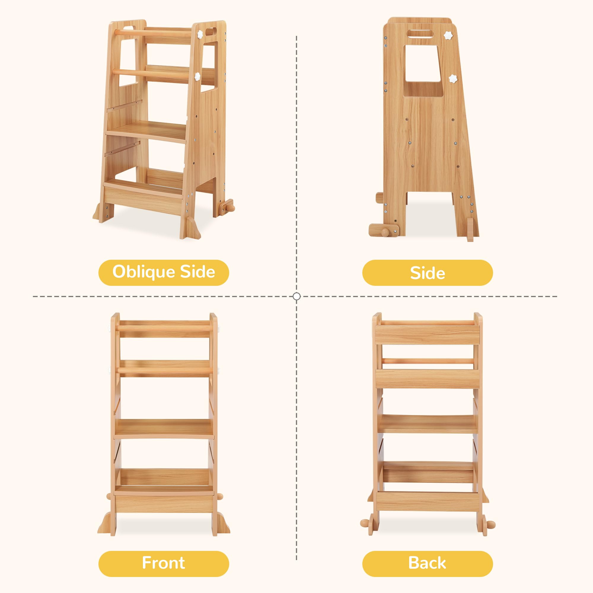Adjustable Height Toddler Kitchen Step Stool with Safety Rails - Dark Natural Wooden Standing Tower for Kids, Perfect for Kitchen Counter, Bathroom Sink, Bedroom Dressing & Playroom Activities