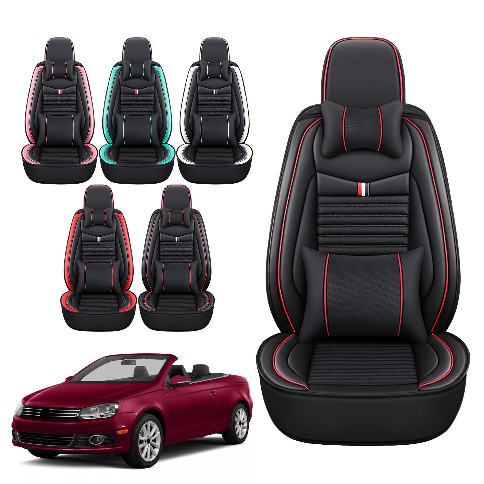 Premium Leather Car Seat Cover for Volkswagen Eos 2007-2016 - Universal Anti-Slip Design Fits Most Cars, Sedans, SUVs & Trucks (Black Red Bars) - Perfect for Road Trips & Daily Commuting