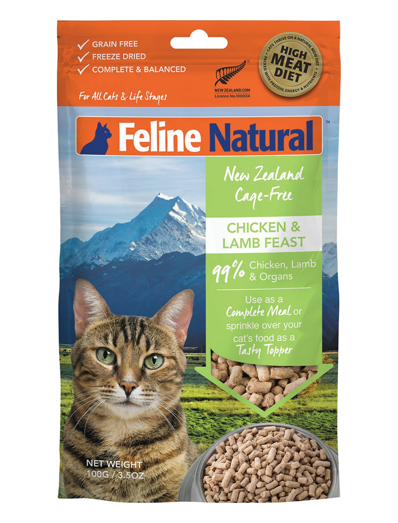 Feline Natural Freeze Dried Cat Food Topper - Chicken & Lamb Flavor, 100g - High Protein Grain-Free Treat for Cats, Perfect for Picky Eaters & Meal Enhancer