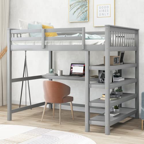 TRIPLE TREE Full Size Loft Bed Frame with Storage Shelves & Under-Bed Desk - Solid Wood Space Saving Loft Bed with Safety Guardrail for Kids, Teens & Adults - No Box Spring Needed - Gray - Perfect for Small Bedrooms, Dorms & Studio Apartments