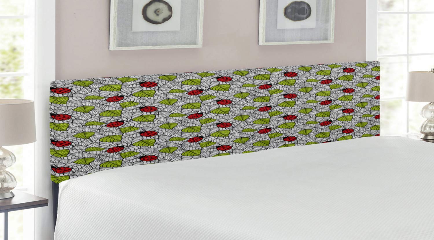 Ambesonne Ladybugs Headboard - King Size Upholstered Decorative Metal Bed Headboard with Memory Foam | Ecological Fresh Leaves & Ladybugs Doodle Pattern in Green Black Red | Perfect for Kids' Bedrooms, Nursery Decor & Nature-Themed Bedroom Designs