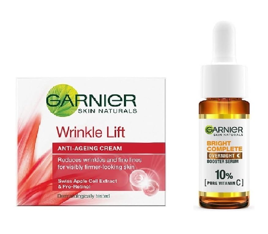 Garnier Wrinkle Lift Anti-Aging Cream 18g & Bright Complete Vitamin C Overnight Serum 15ml Set - Anti-Wrinkle & Brightening Skincare Duo for Youthful Glow | Perfect for Nighttime Routine & Daily Anti-Aging Care