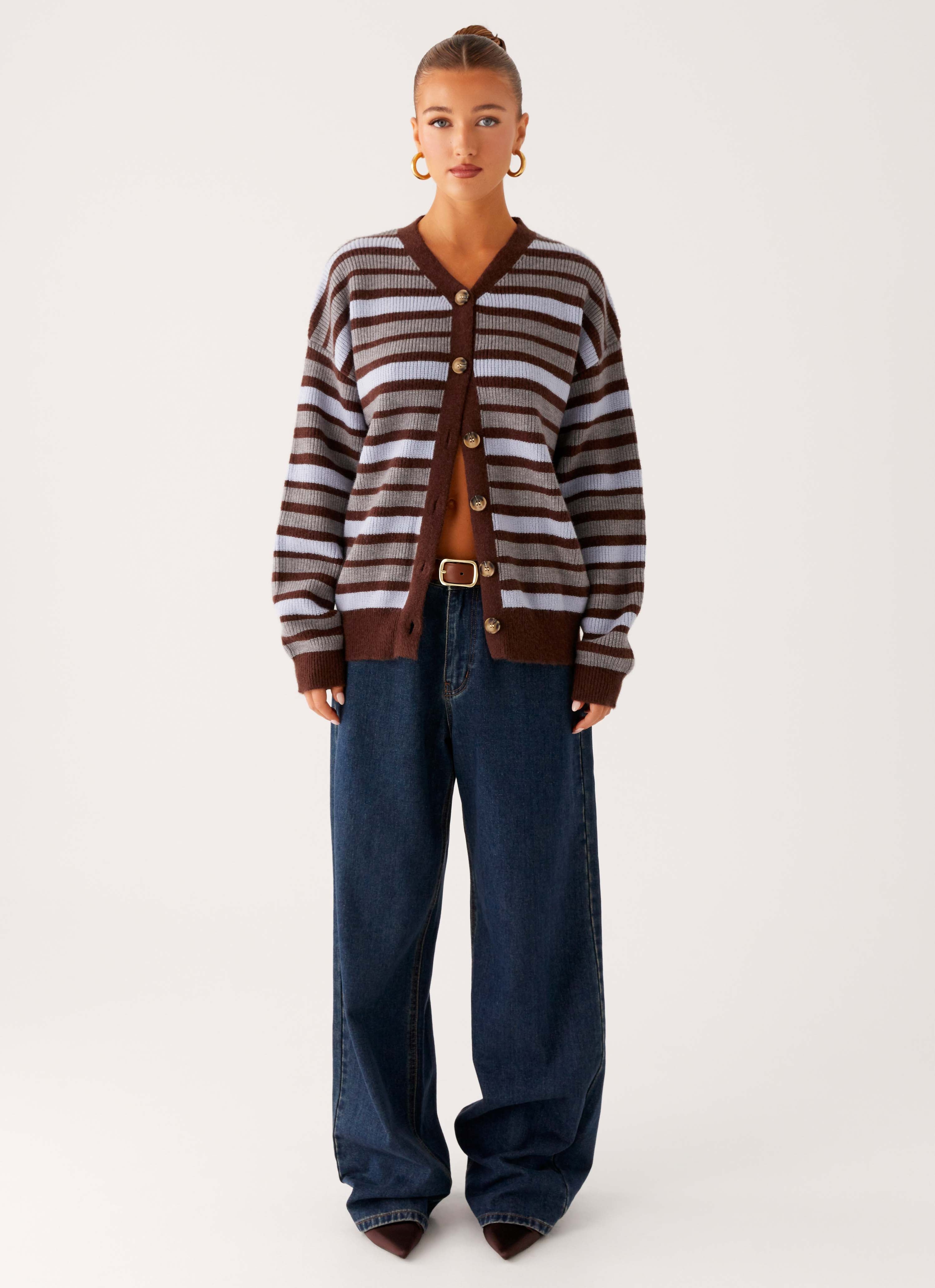 Charlie Oversized Cardigan - Tawny Stripe Women's Knit Sweater | Cozy Fall & Winter Fashion | Perfect for Casual Outfits, Coffee Dates and Home Lounging