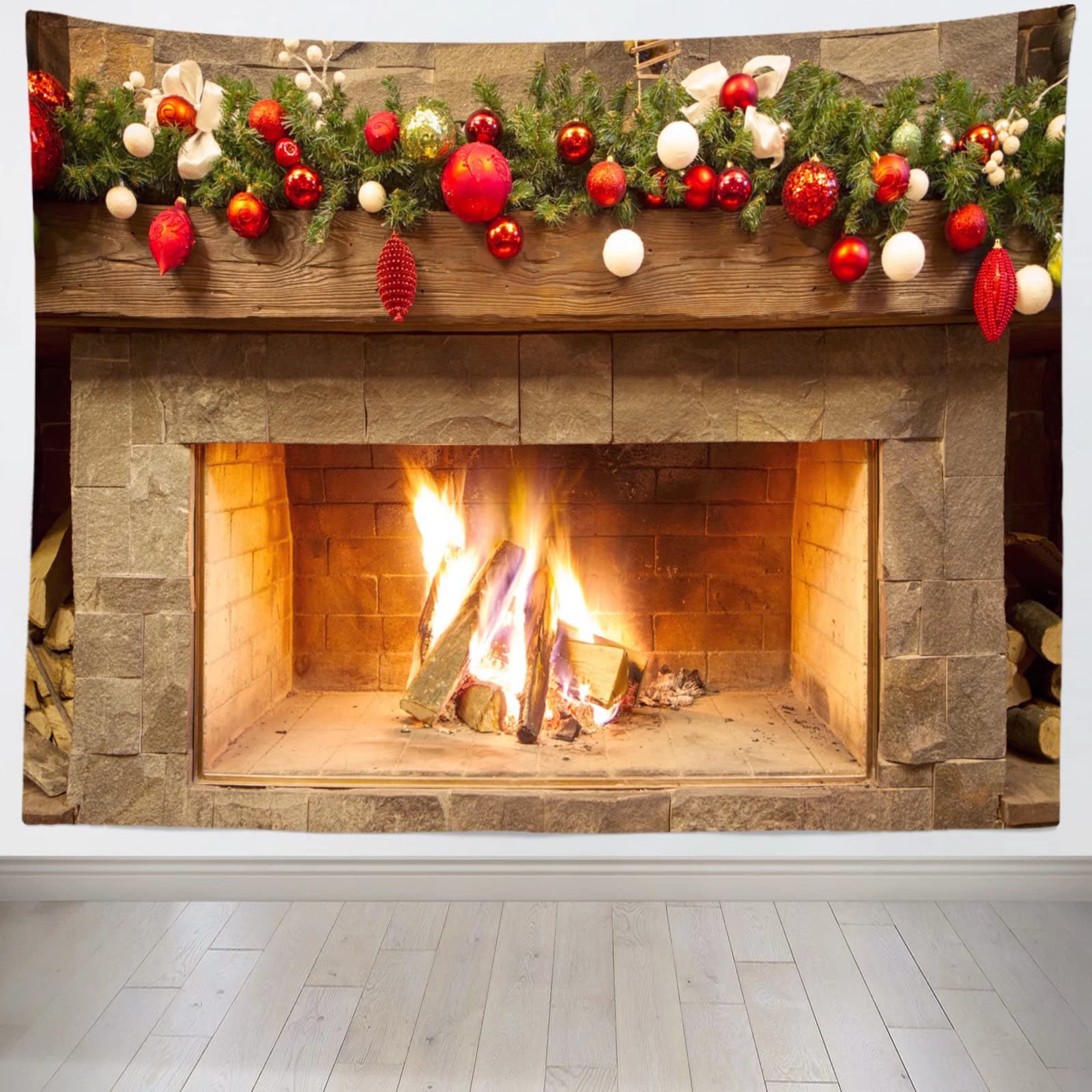 Loccor 5x4ft Christmas Fireplace Tapestry Backdrop - Holiday Pine Tree Decor Photography Background for Xmas Party, Birthday, Living Room, Dorm Wall Hanging - Perfect for Festive Decorations & Photo Shoots