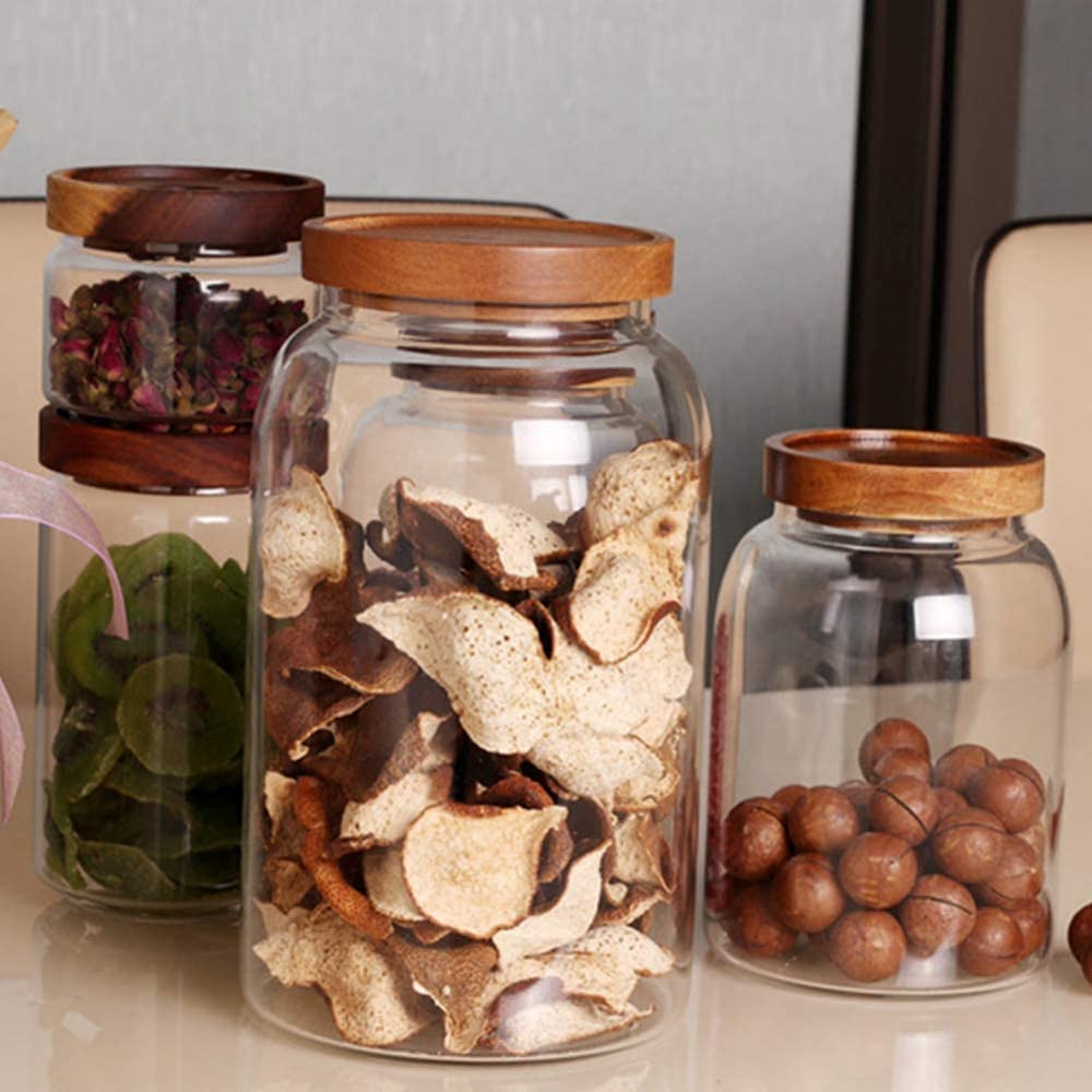 3-Piece Clear Glass Storage Jars with Airtight Wooden Lids - Kitchen & Pantry Organizers for Food, Herbs, Tea, Coffee, Spices | Perfect for Meal Prep, Baking & Home Decor