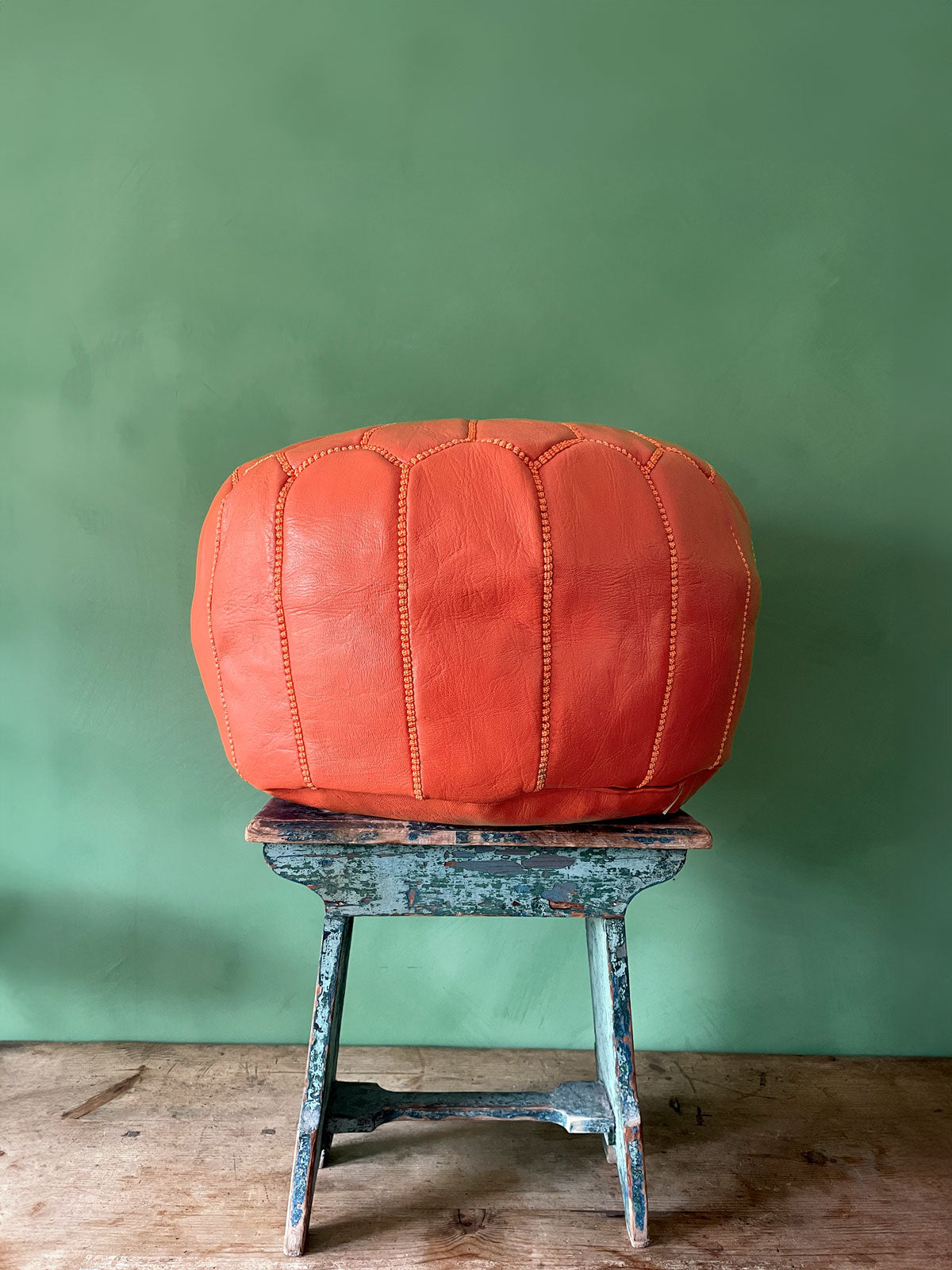 Handmade Moroccan Leather Pouffe Ottoman - Deep Orange Boho Chic Footstool for Living Room, Bedroom & Lounge Decor