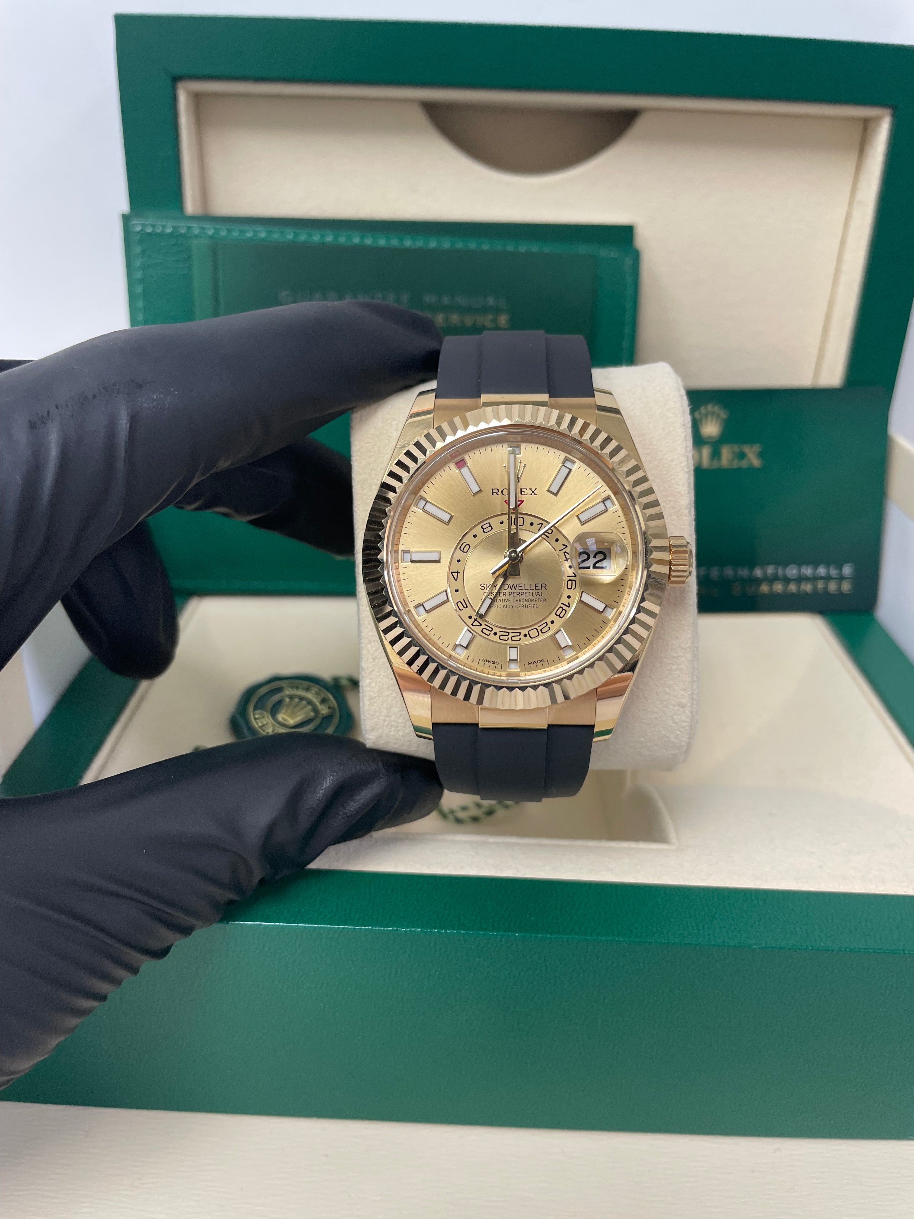 Rolex Sky-Dweller 18K Yellow Gold Watch with Champagne Index Dial & Oysterflex Bracelet (Ref# 326238) - Luxury Timepiece for Business Travel & Special Occasions
