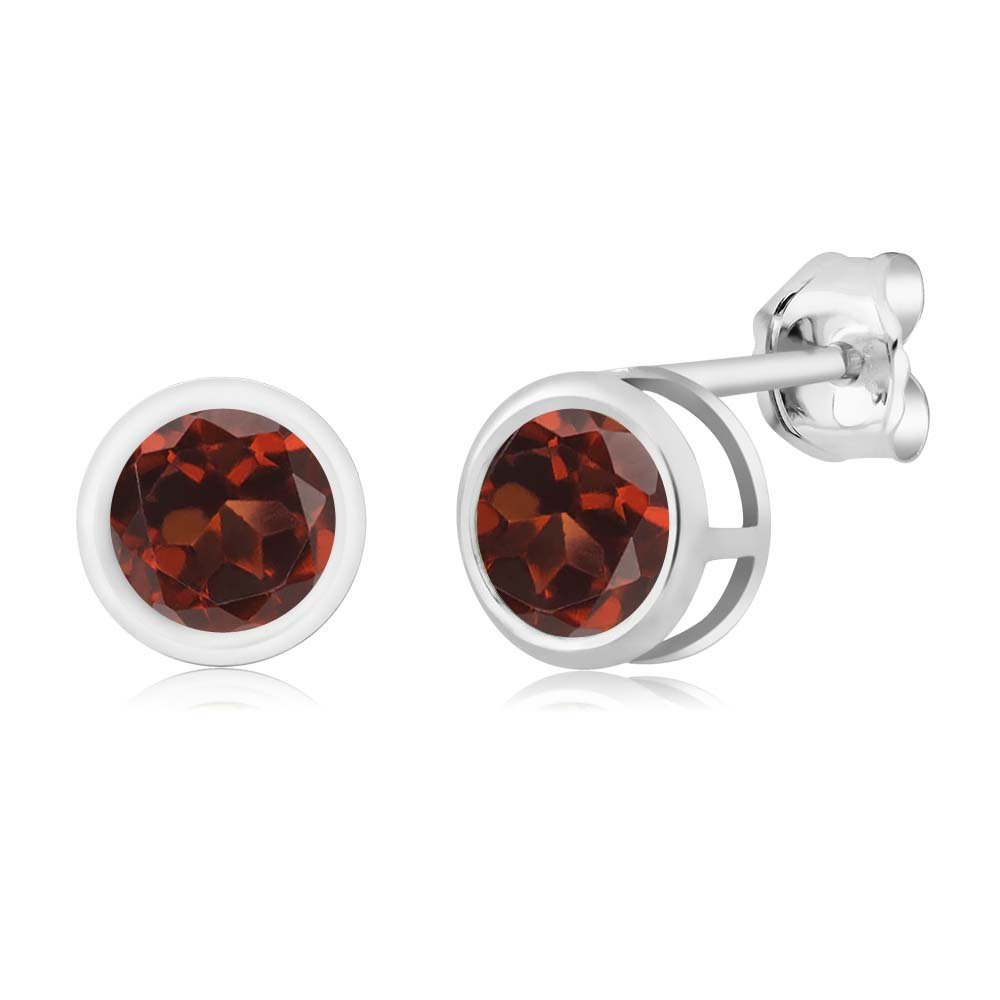 Gem Stone King 925 Sterling Silver Red Garnet Bezel Stud Earrings for Women & Men - 1.20 Ct Round 5MM Genuine Gemstone Jewelry - Perfect for Weddings, Anniversaries & Gift Giving