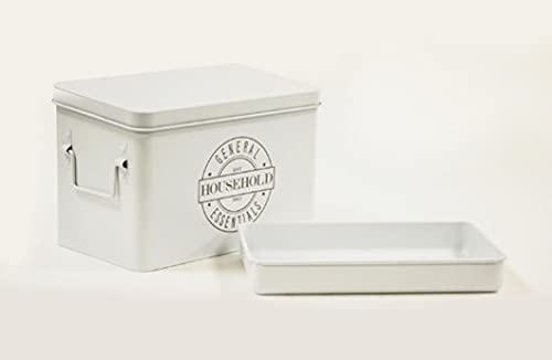 AQ Divided Metal Storage Tin with Hinged Lid & Removable Tray - Organizer Box for First Aid, Medicine, Craft Supplies, Sewing Tools - Matte White & Grey | Perfect for Home, Office & Workshop Organization