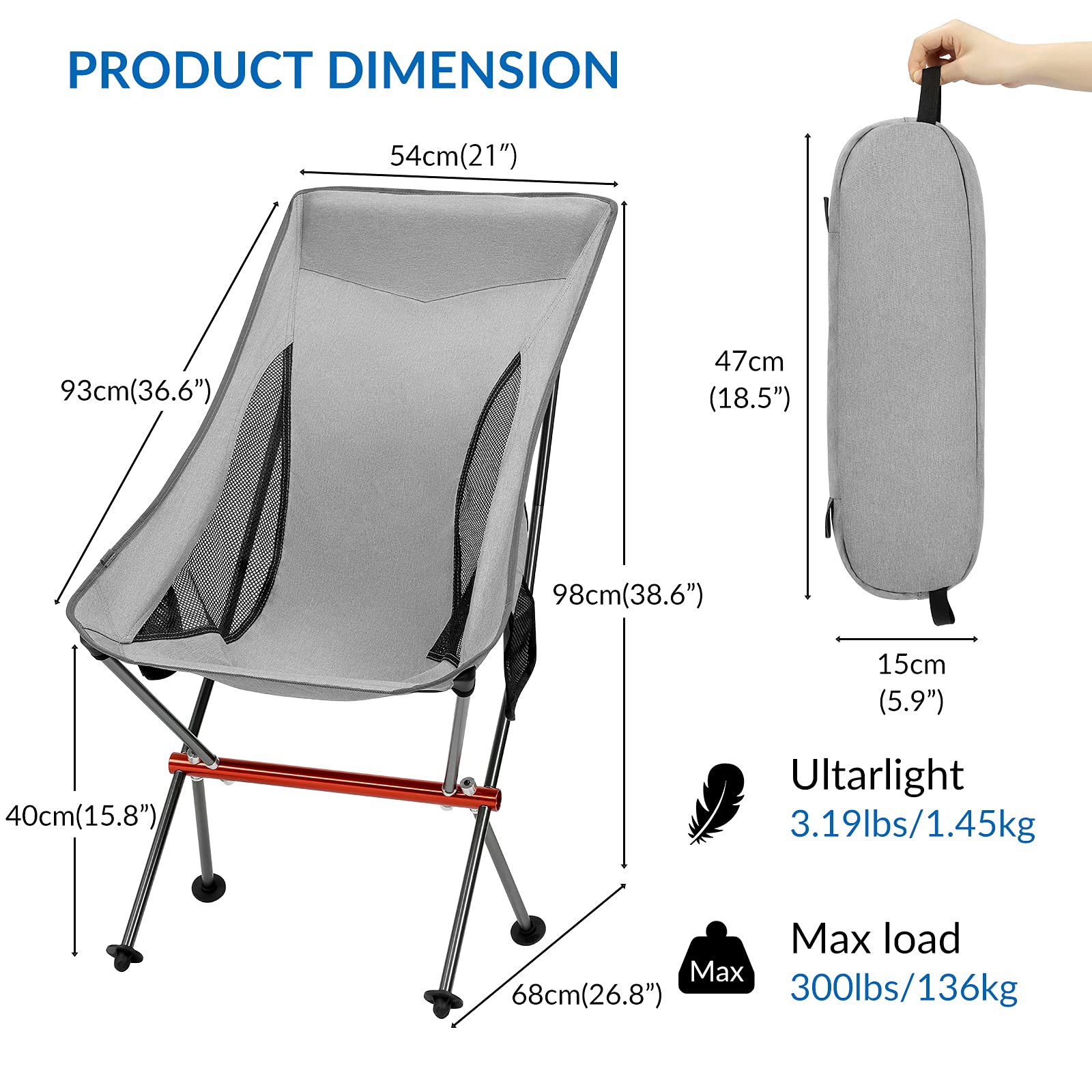 Premium All-Aluminum Folding Camping Chair for Adults - Heavy Duty Portable High Back Collapsible Chair with Built-in Pillow & Side Pocket - Perfect for Backpacking, Hiking, Beach, Picnics & Outdoor Events