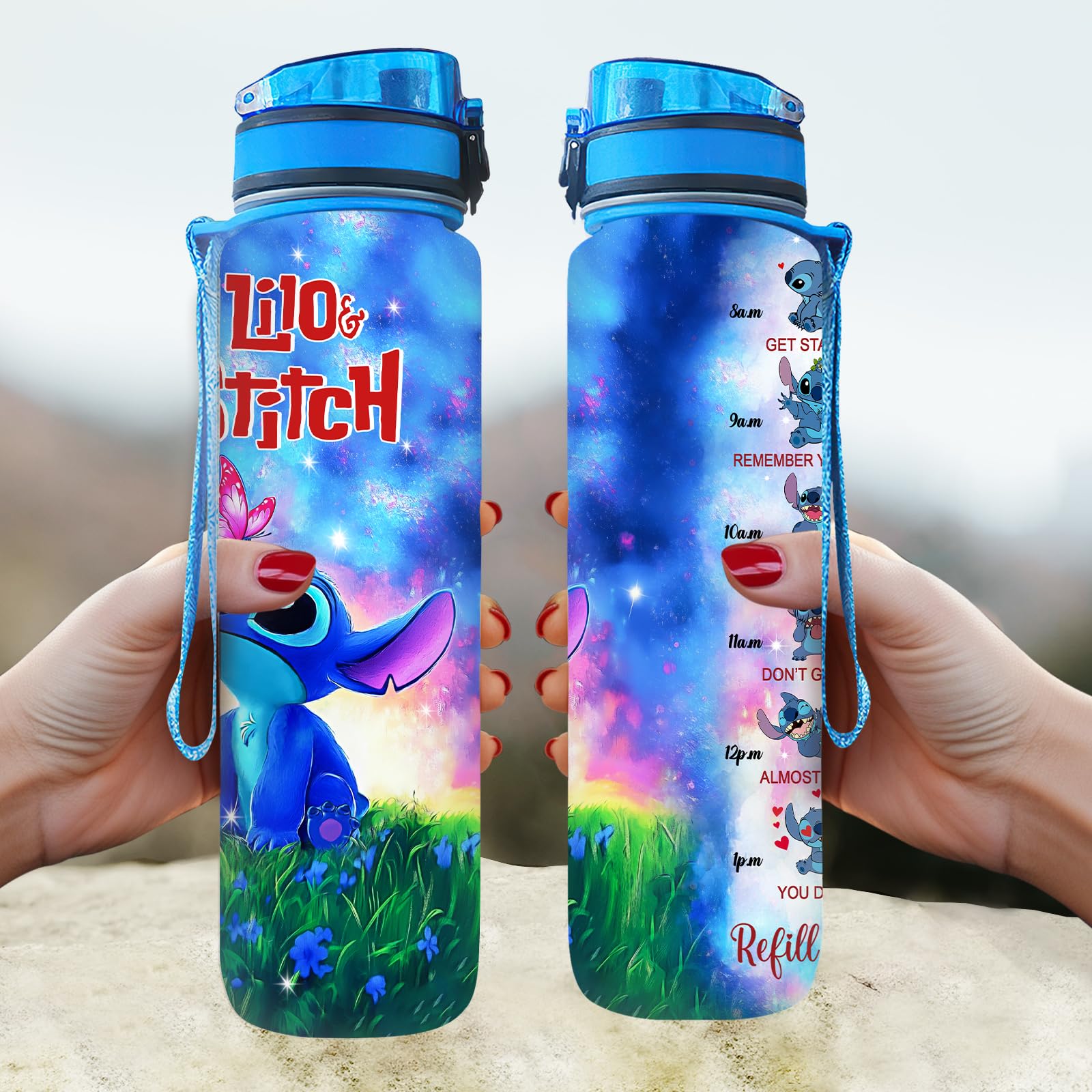 Blue Alien 32 Oz Insulated Water Bottle with Time Marker - Motivational Gift for Cartoon Lovers - Leakproof Stainless Steel Sports Bottle for Gym, Hiking & Outdoor Activities