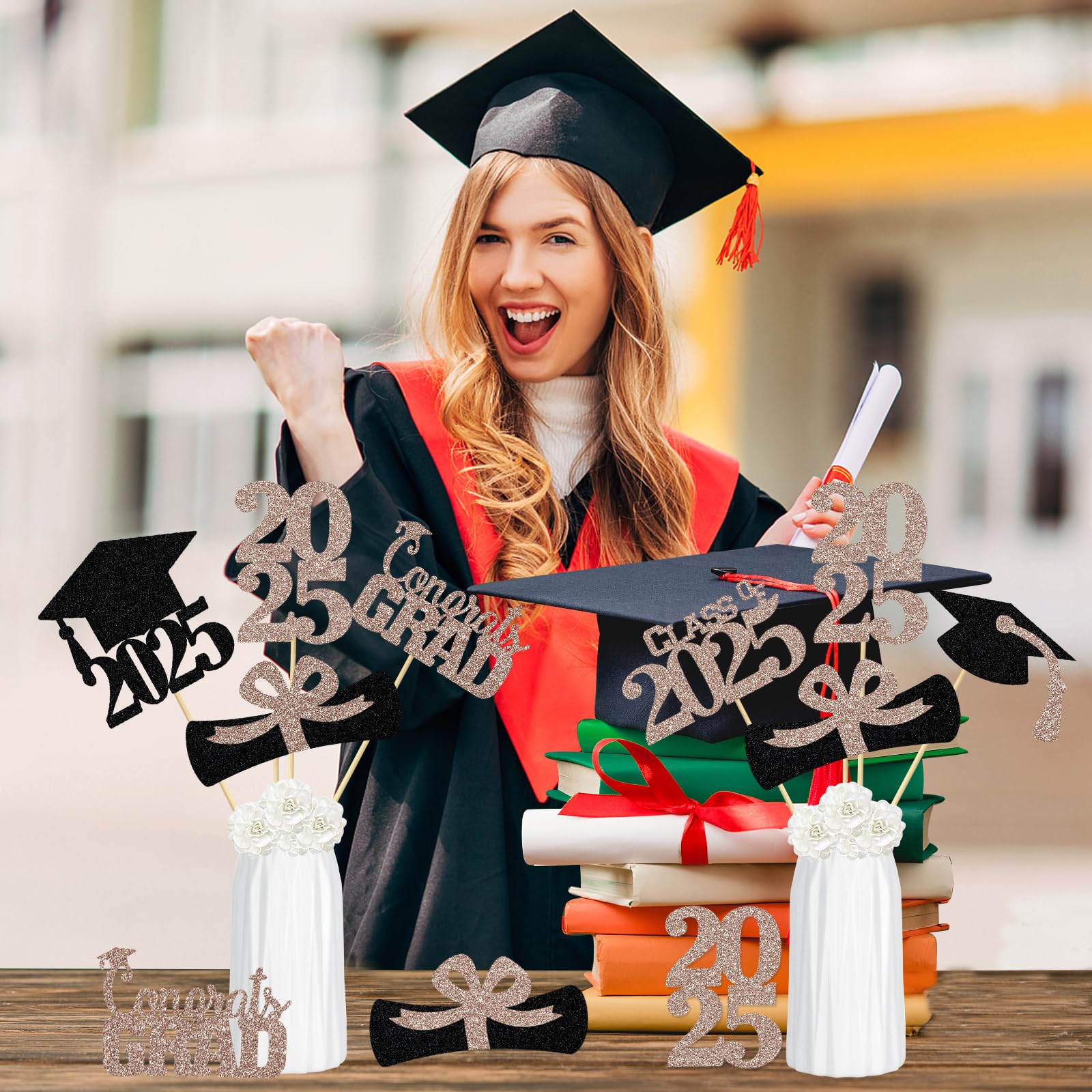 24Pcs 2025 Graduation Centerpieces Sticks - Rose Gold Graduation Party Decorations for Tables, 2025 Grad Table Centerpieces - Perfect for Graduation Ceremonies, Banquets & School Celebrations