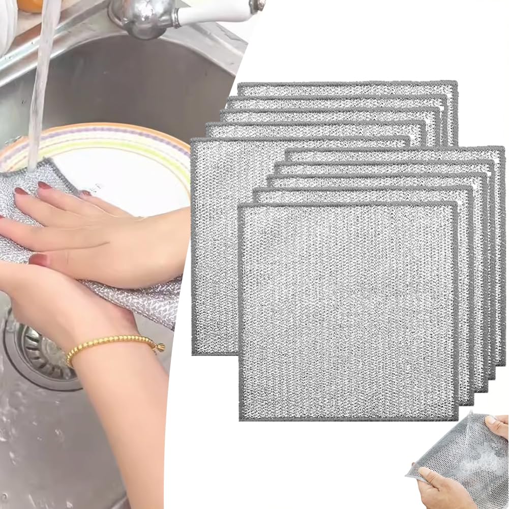 Premium Stainless Steel Dishwashing Scrubber Pads - 10 Pack Multipurpose Wire Mesh Cleaning Cloths for Wet & Dry Use | Heavy Duty Kitchen Scouring Pads for Pots, Pans, Stovetops & Grill Cleaning