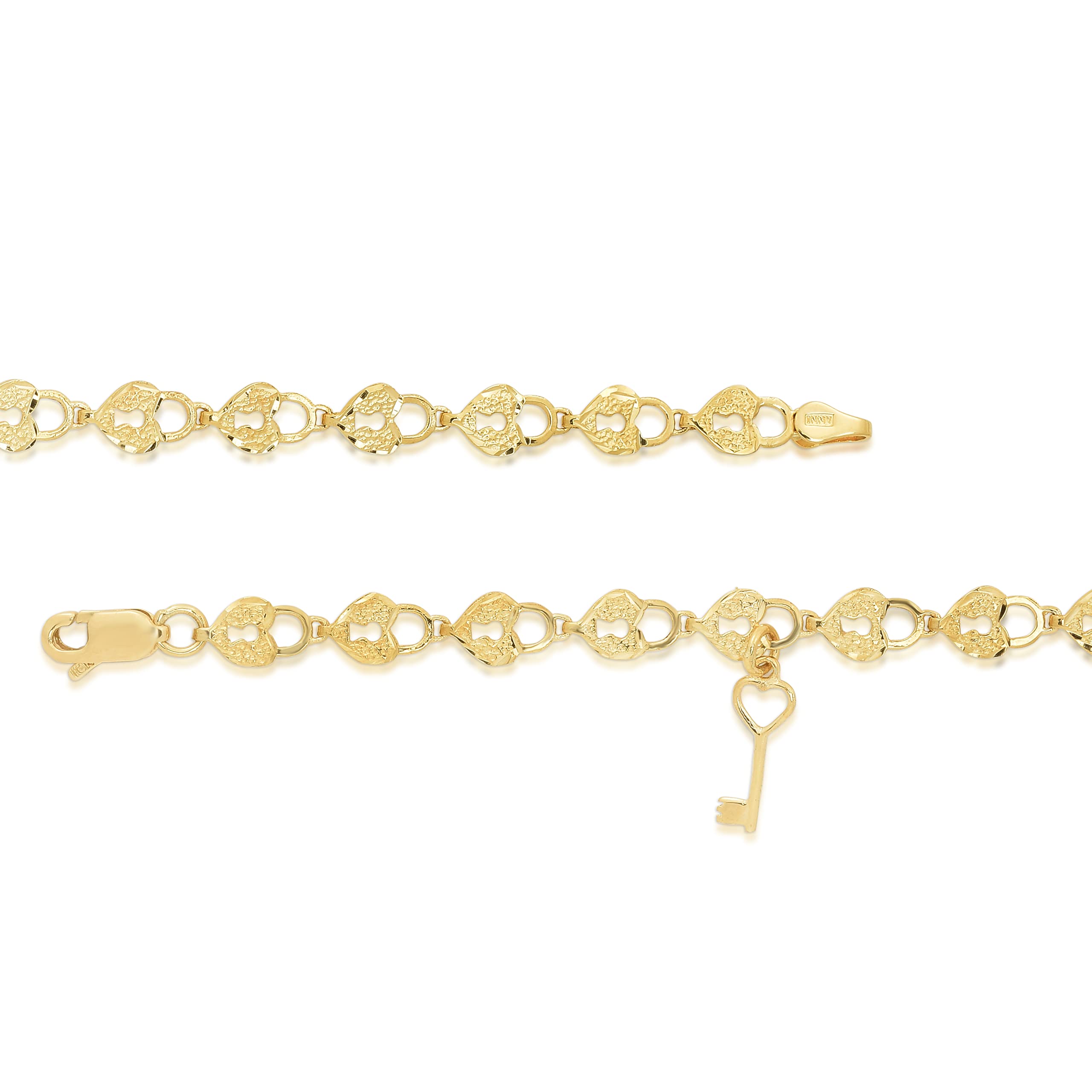 10k Yellow Gold Heart Lock & Key Charm Bracelet for Women - Textured Finish, Dainty Link Chain, Gift for Her - Perfect for Valentine's Day, Anniversary & Romantic Occasions