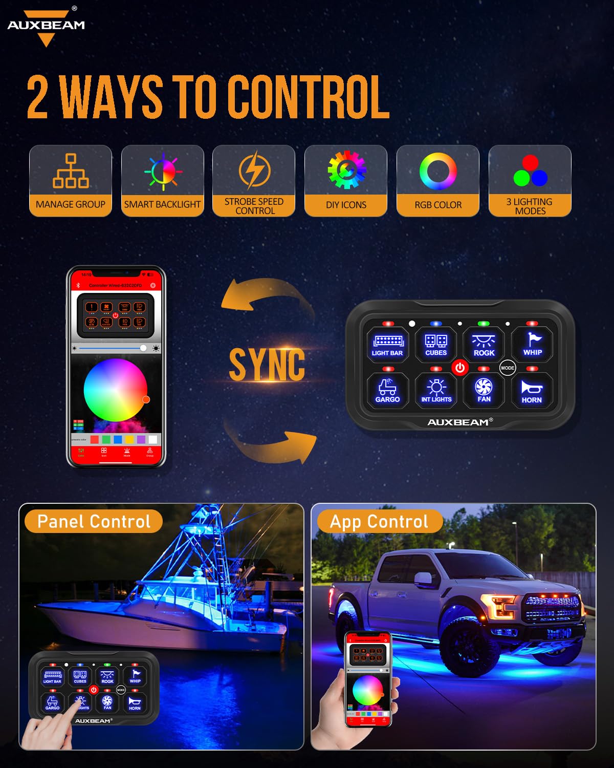 Auxbeam AR-800 8 Gang RGB Bluetooth Switch Panel - 12-24V Waterproof LED Backlit Toggle & Momentary Switches for Trucks, SUVs, ATVs, Marine & RVs | Off-Roading, Camping & Vehicle Customization | 2-Year Warranty