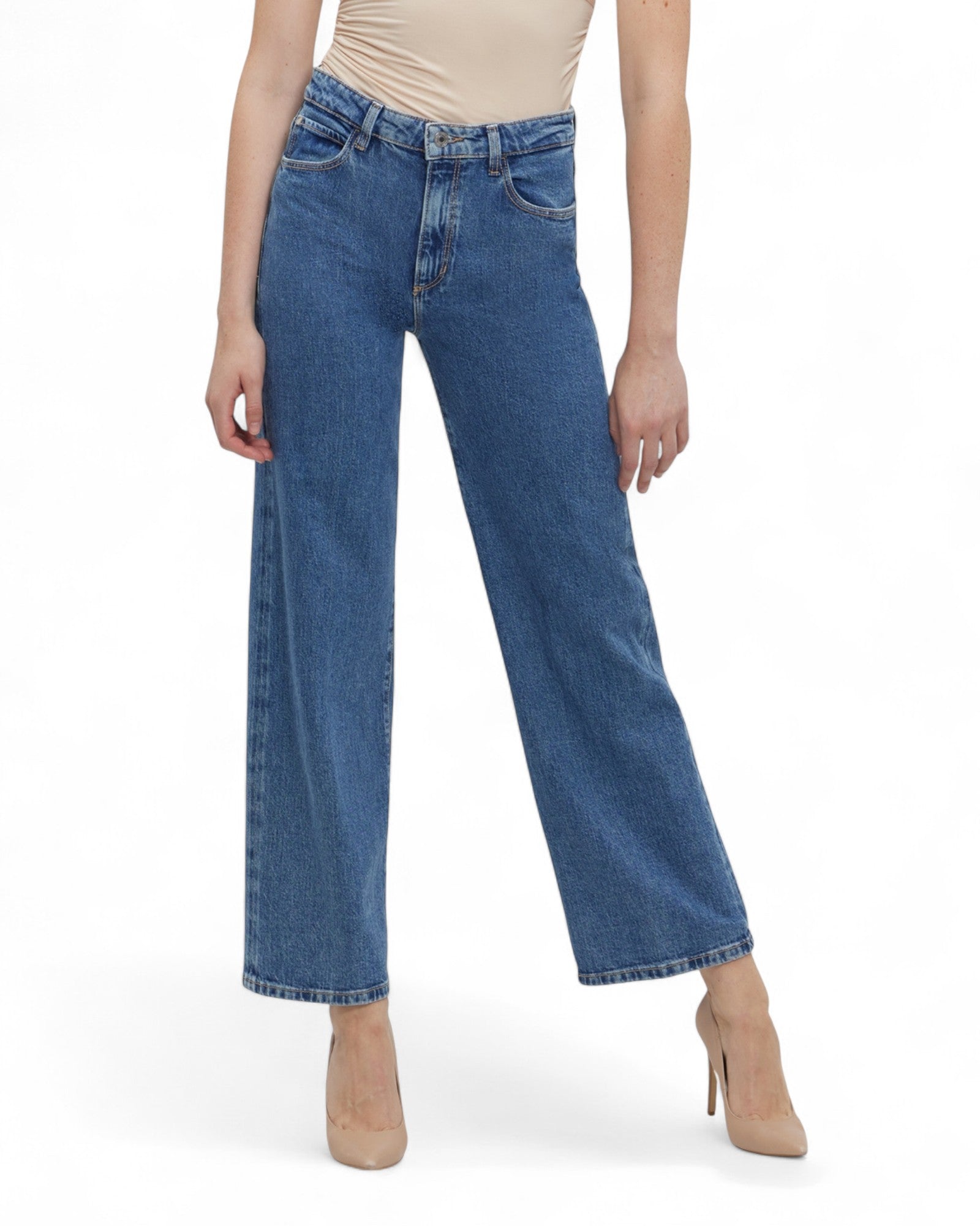 Blue Wide Leg Denim Jeans - Mid Wash Distressed Women's High Waisted Pants for Casual Outfits & Street Style