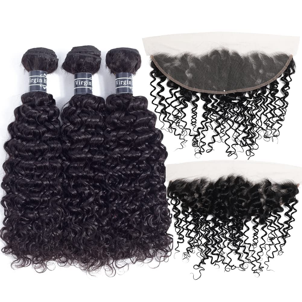Amella Hair 8A Brazilian Virgin Curly Human Hair Weave - 100% Unprocessed 3 Bundles with Swiss Lace Frontal (14