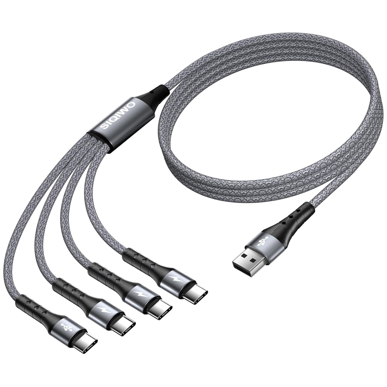 SIQIWO 4-in-1 Multi USB C Fast Charging Cable [4FT 2-Pack] - QC 3.0 3A Type C Splitter with 4 Ports - Compatible with iPhone 16/15 Series, iPad Air/Pro, Samsung Galaxy S24/S23, Google Pixel, PS5 - Perfect for Home, Office & Travel Charging Multiple Devices Simultaneously