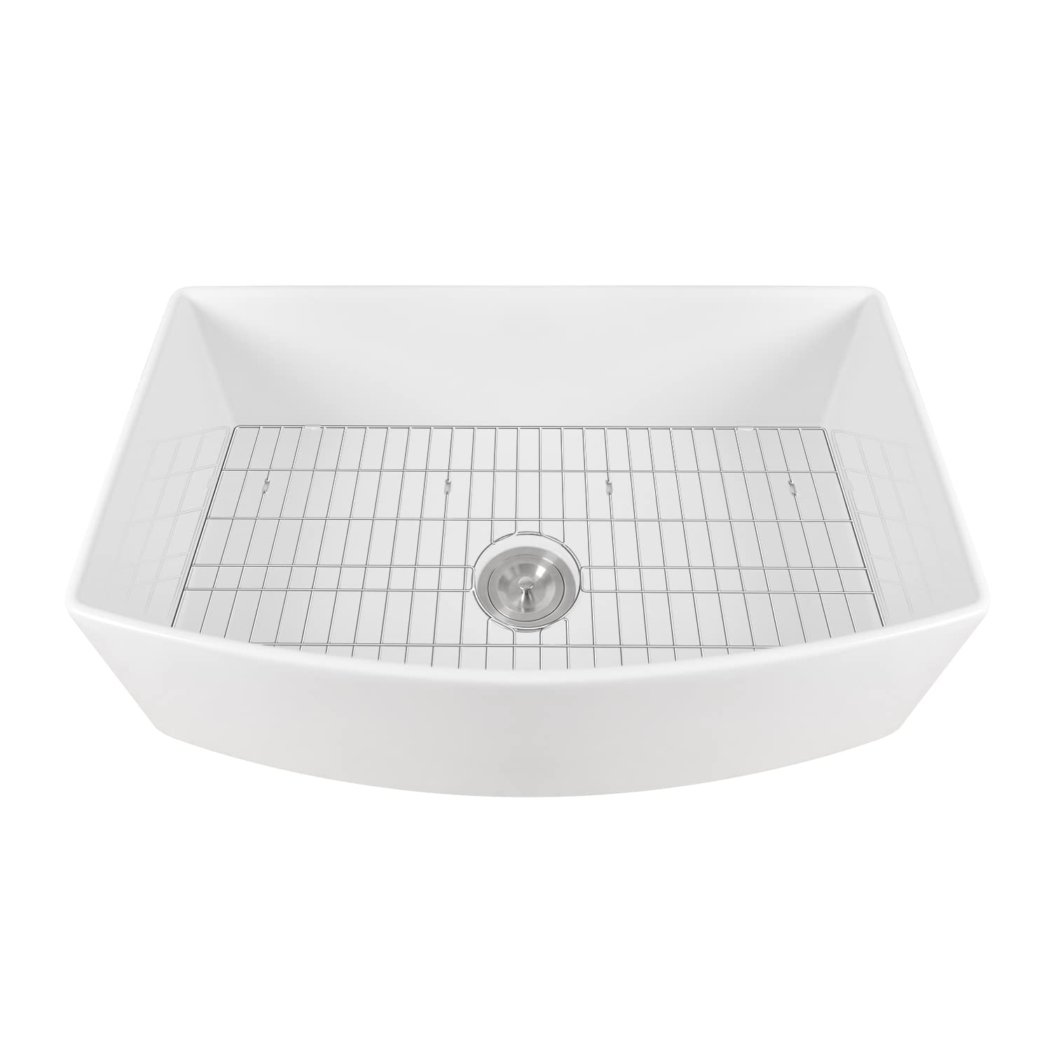 DeerValley 33'' White Farmhouse Apron Kitchen Sink - Fireclay Single Bowl with Arch Edge, Bottom Grid & Strainer | Perfect for Rustic & Modern Farmhouse Kitchens (Model DV-1K516)