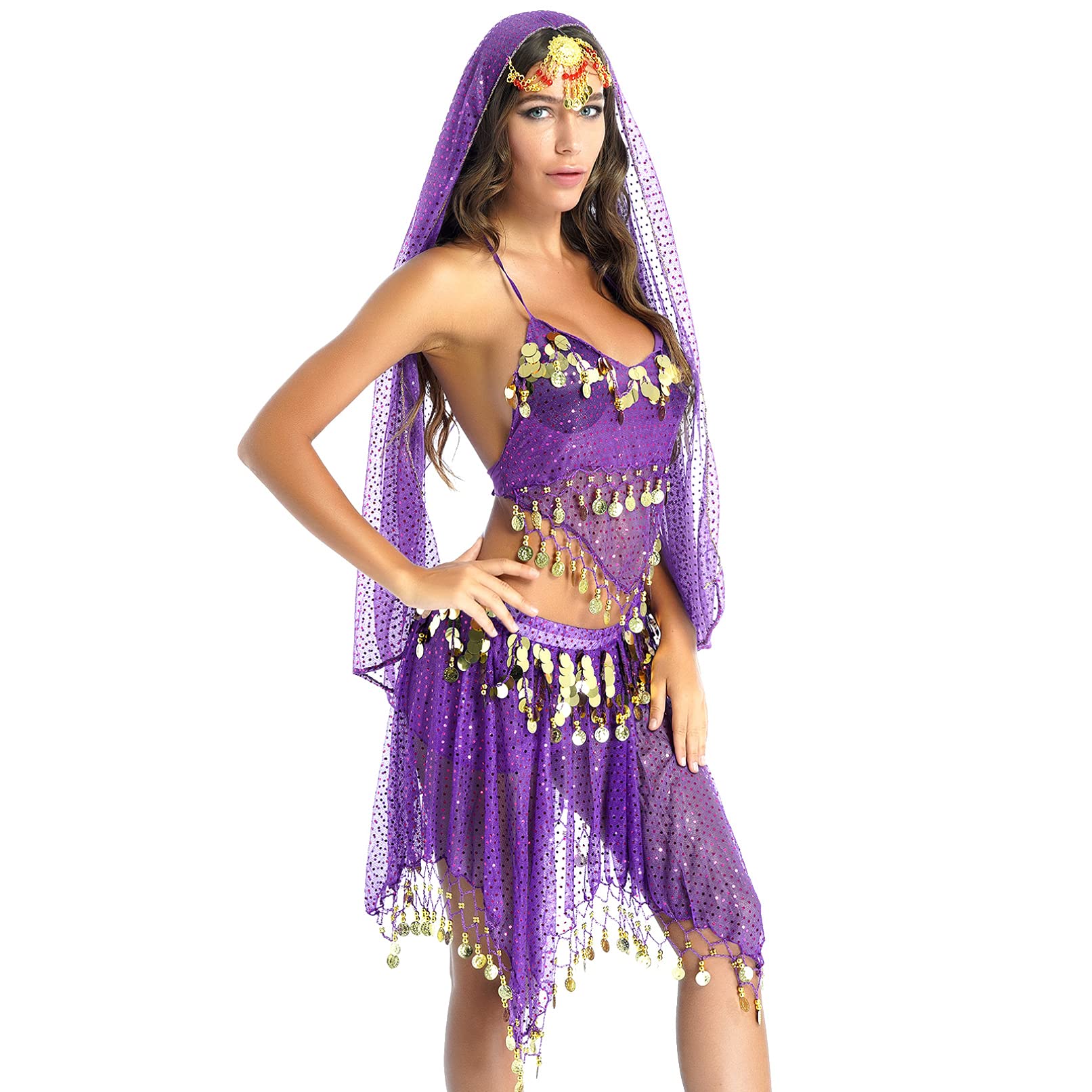 Women's Belly Dance Costume - Indian Bollywood Sequin Skirt & Shiny Top Set for Performance, Cosplay, Halloween & Party Outfits