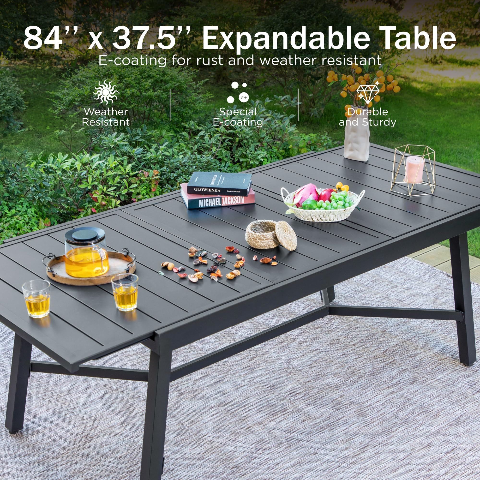 PHI VILLA Expandable Outdoor Dining Table - 6 to 8 Person Metal Patio Table with Adjustable Legs, Black Rectangular Garden Bistro Table - Perfect for Backyard BBQs, Poolside Gatherings & Outdoor Entertaining