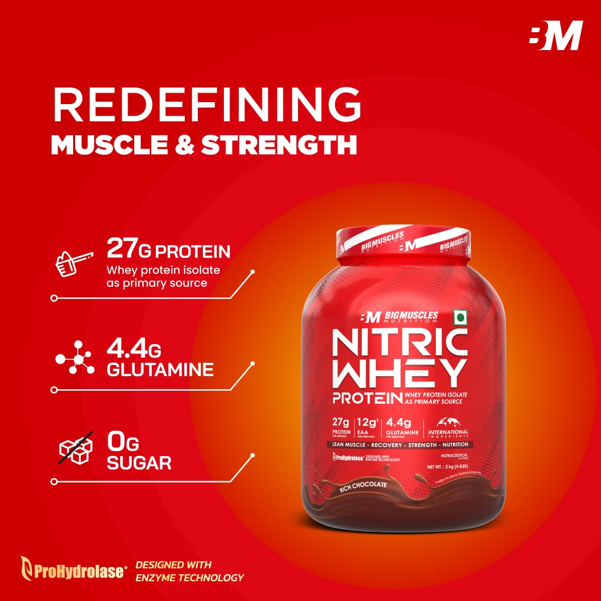 Bigmuscles Nutrition Nitric Whey Protein Powder - 27g Isolate Whey Protein per Serving with ProHydrolase Enzyme for Fast Absorption & Lean Muscle Growth - Rich Chocolate Flavor - 1Kg Pack - Ideal for Post-Workout Recovery & Muscle Building