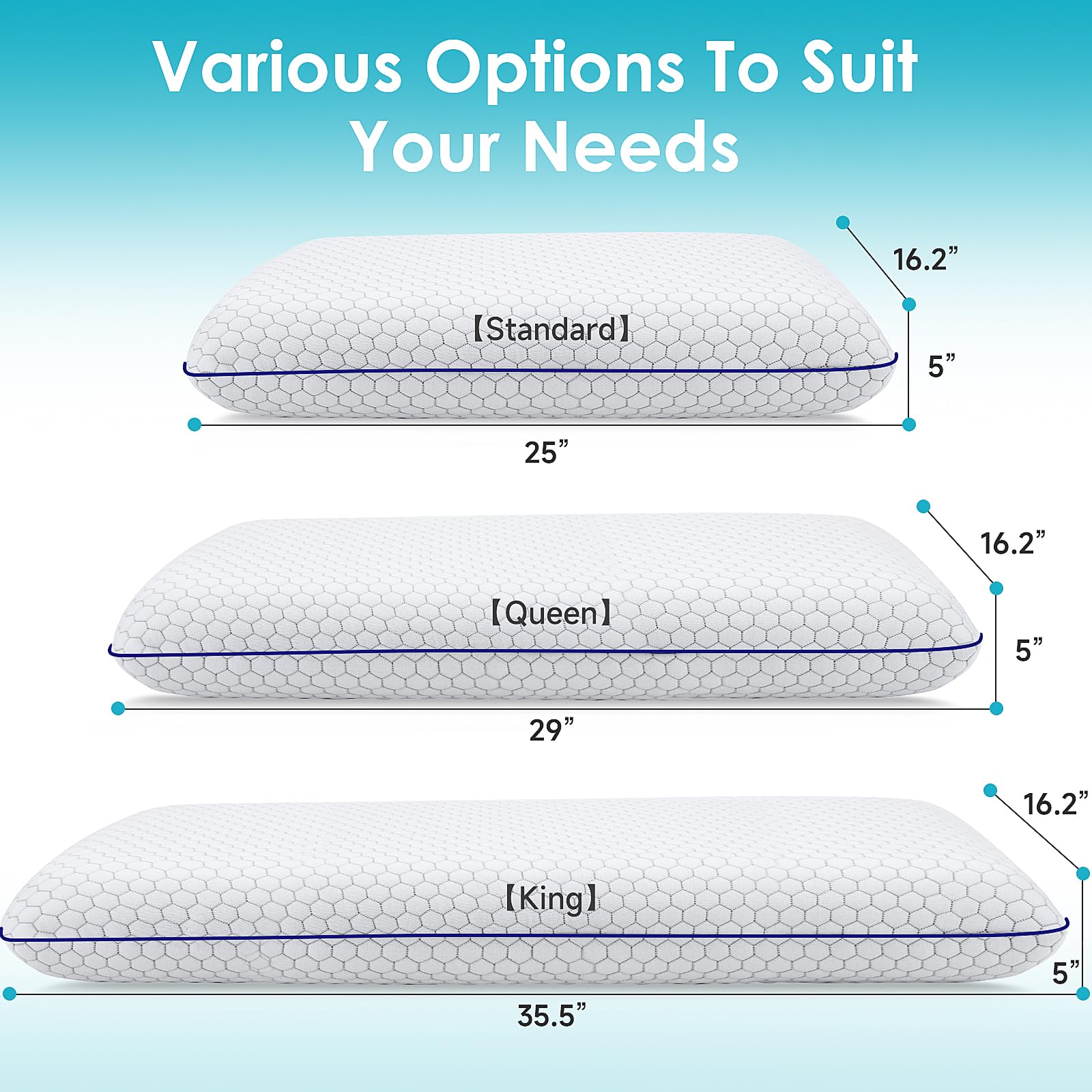 Memory Foam Pillow for Side Back Stomach Sleepers - Breathable Cooling Bed Pillow with Washable Cover - Standard Size Grey - Perfect for Home, Travel & Hotel Use