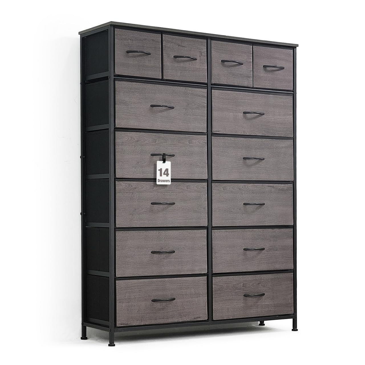 CAPHAUS 14-Bin Fabric Drawer Storage Tower with P2 Board Top - Laundry Organizer, Clothes Sorter, Multi-Purpose Chest of Drawers for Bedroom, Hallway, Office - Grey Oak Storage Solution for Home Organization